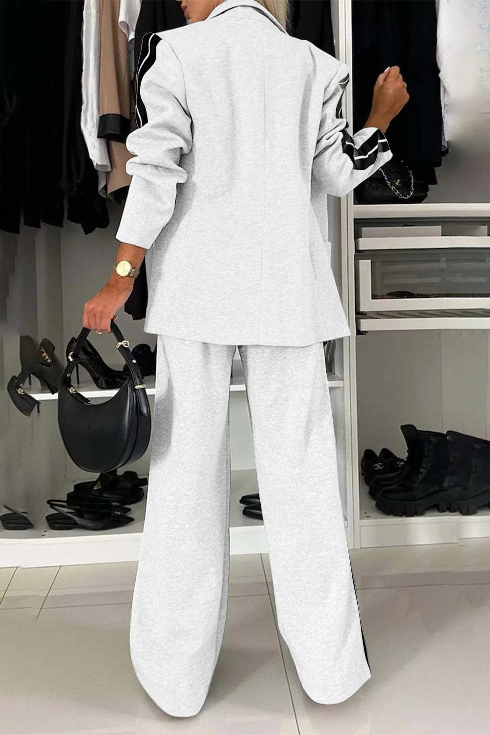 Full-Size Contrast Lapel Collar Top and Pants Set, light gray active wear with buttoned pockets, Belle Bijouix