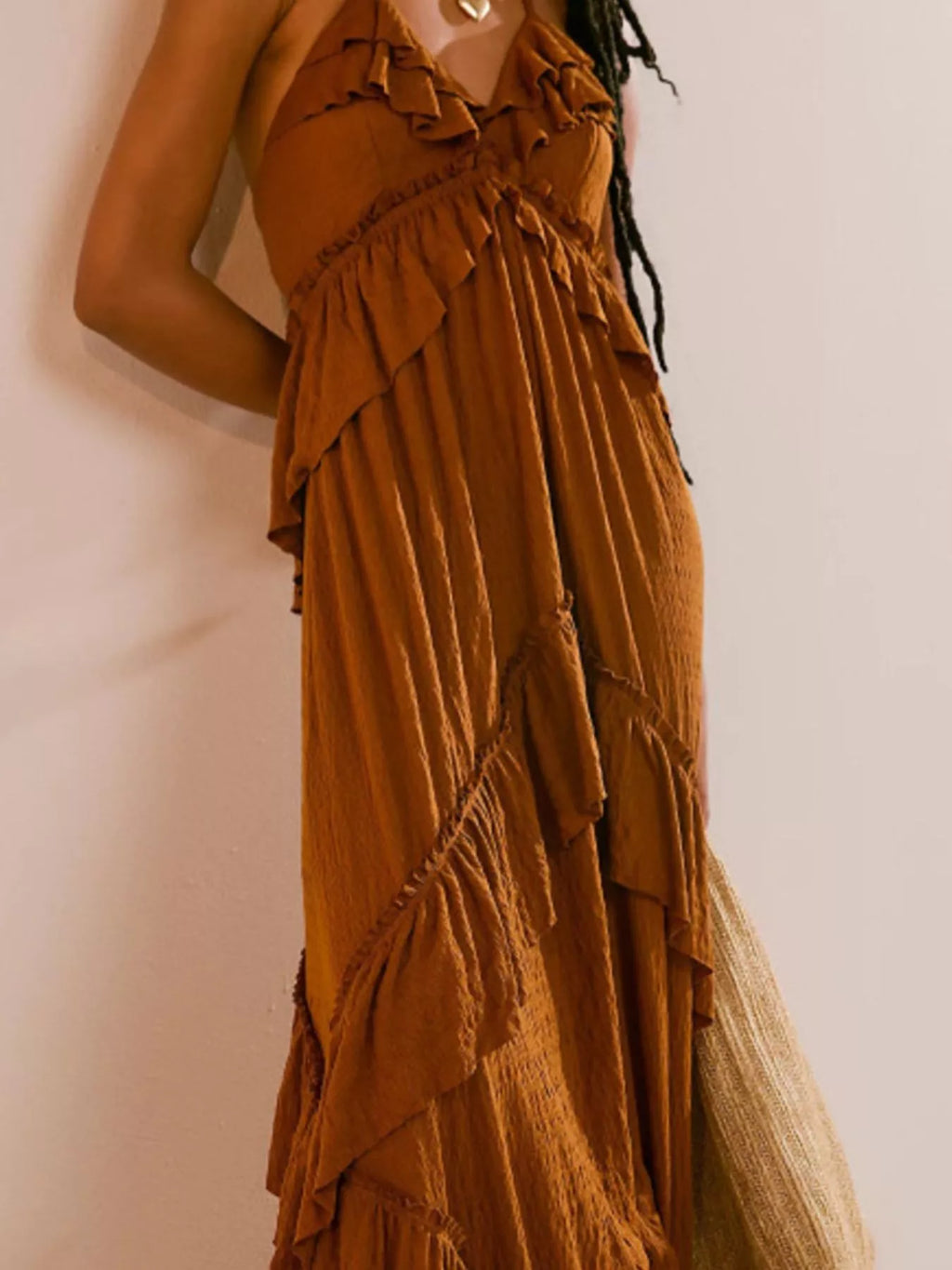 Ruffled Halter Neck Maxi Dress in burnt orange with layered ruffles