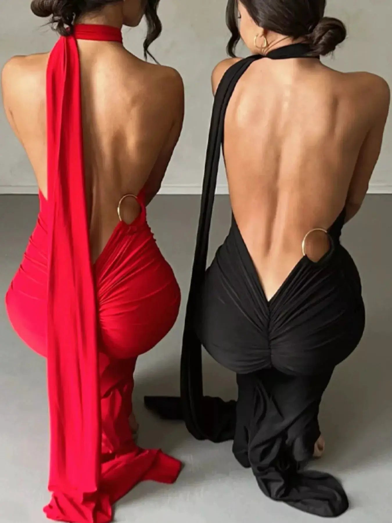 Backless One-Shoulder Ruched Bodycon Maxi Dress; two dresses shown in red and black with circular back ring detail