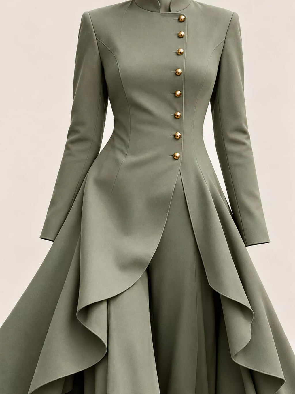 Ruffled High-Low Button Tunic & Wide-Leg Pants Set in Army Green by Belle Bijouix – view 34 of 82