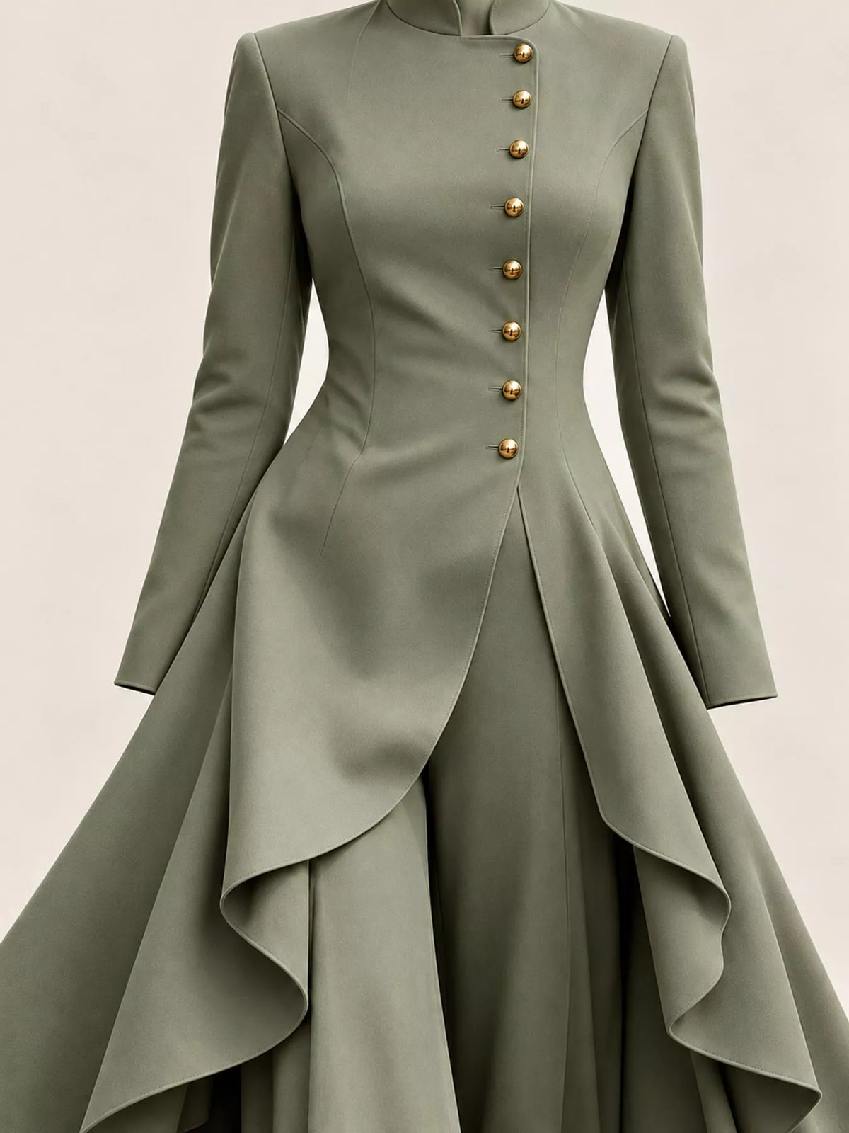 Ruffled High-Low Button Tunic & Wide-Leg Pants Set in Army Green by Belle Bijouix – view 34 of 82