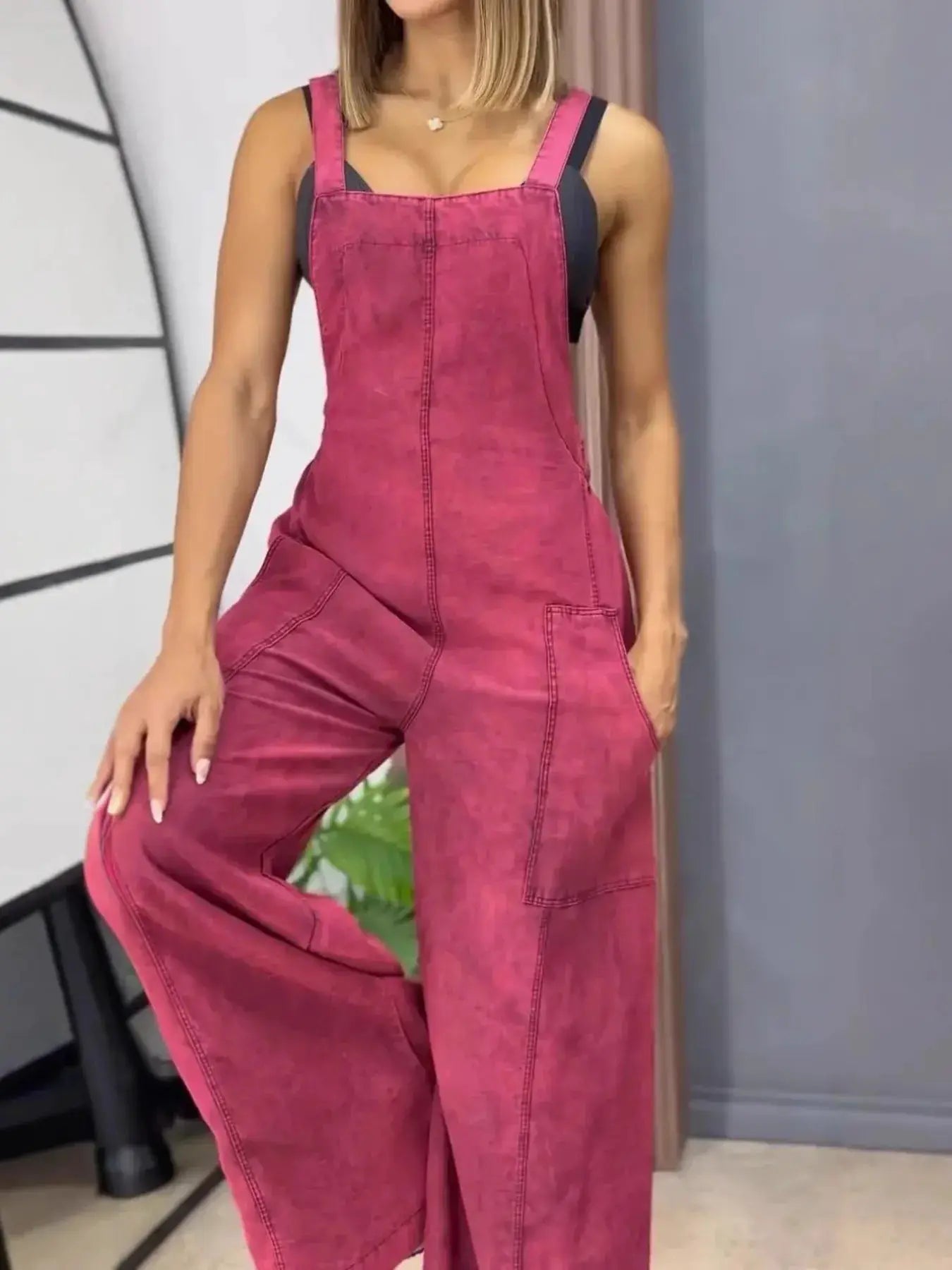 Full Size Wide Leg Washed Denim Overalls in pink, with thick straps and front pocket detailing