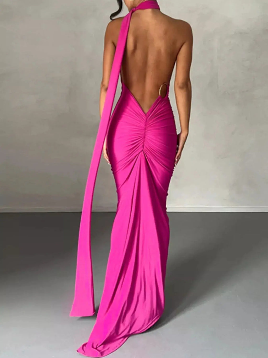 Backless one-shoulder ruched bodycon maxi dress in hot pink