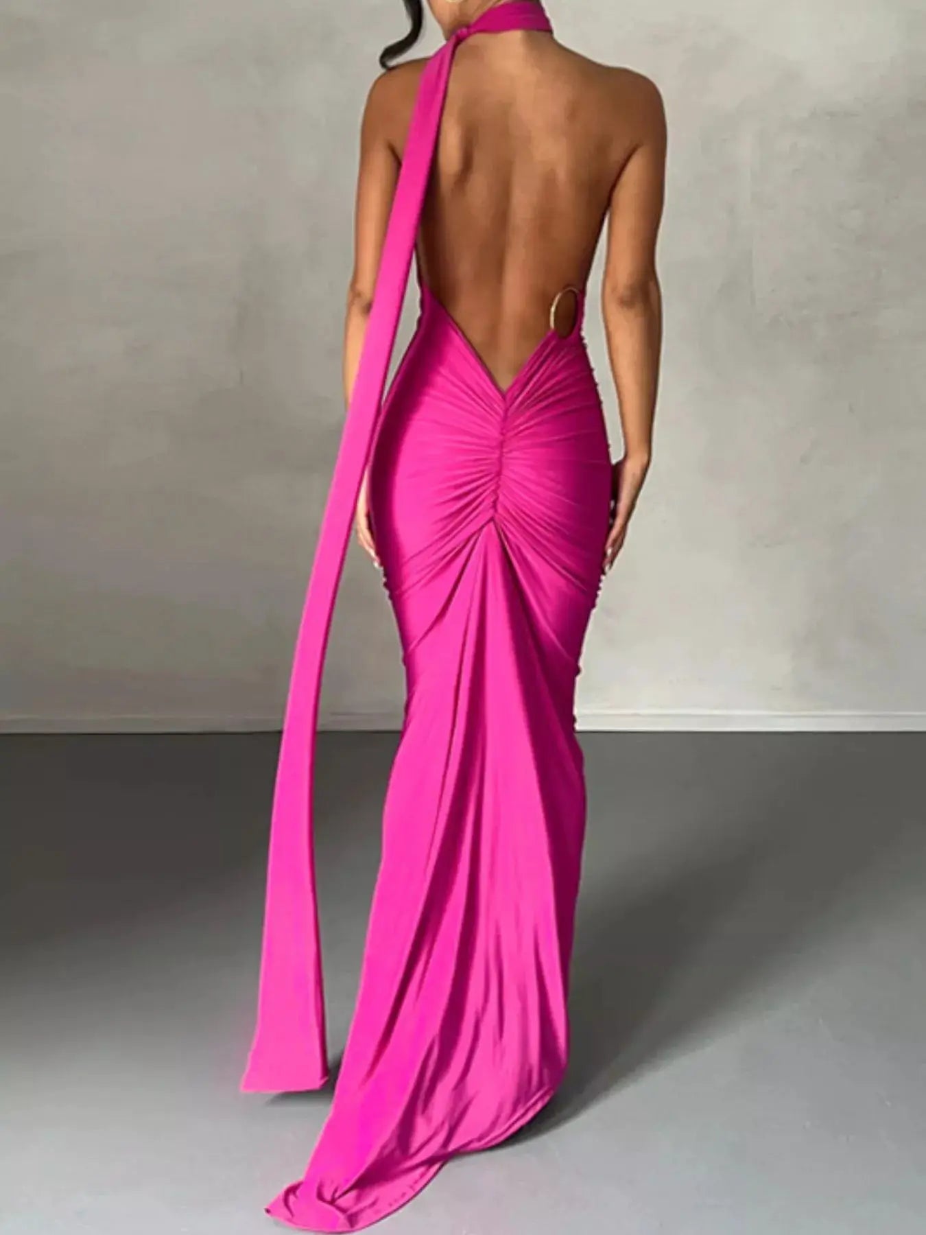 Backless one-shoulder ruched bodycon maxi dress in hot pink