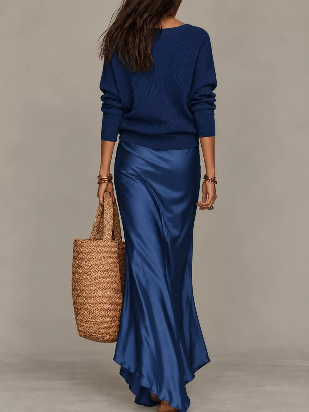 V-Neck Sweater & Satin Slip Maxi Dress Set in Dark Blue by Belle Bijouix – view 15 of 41
