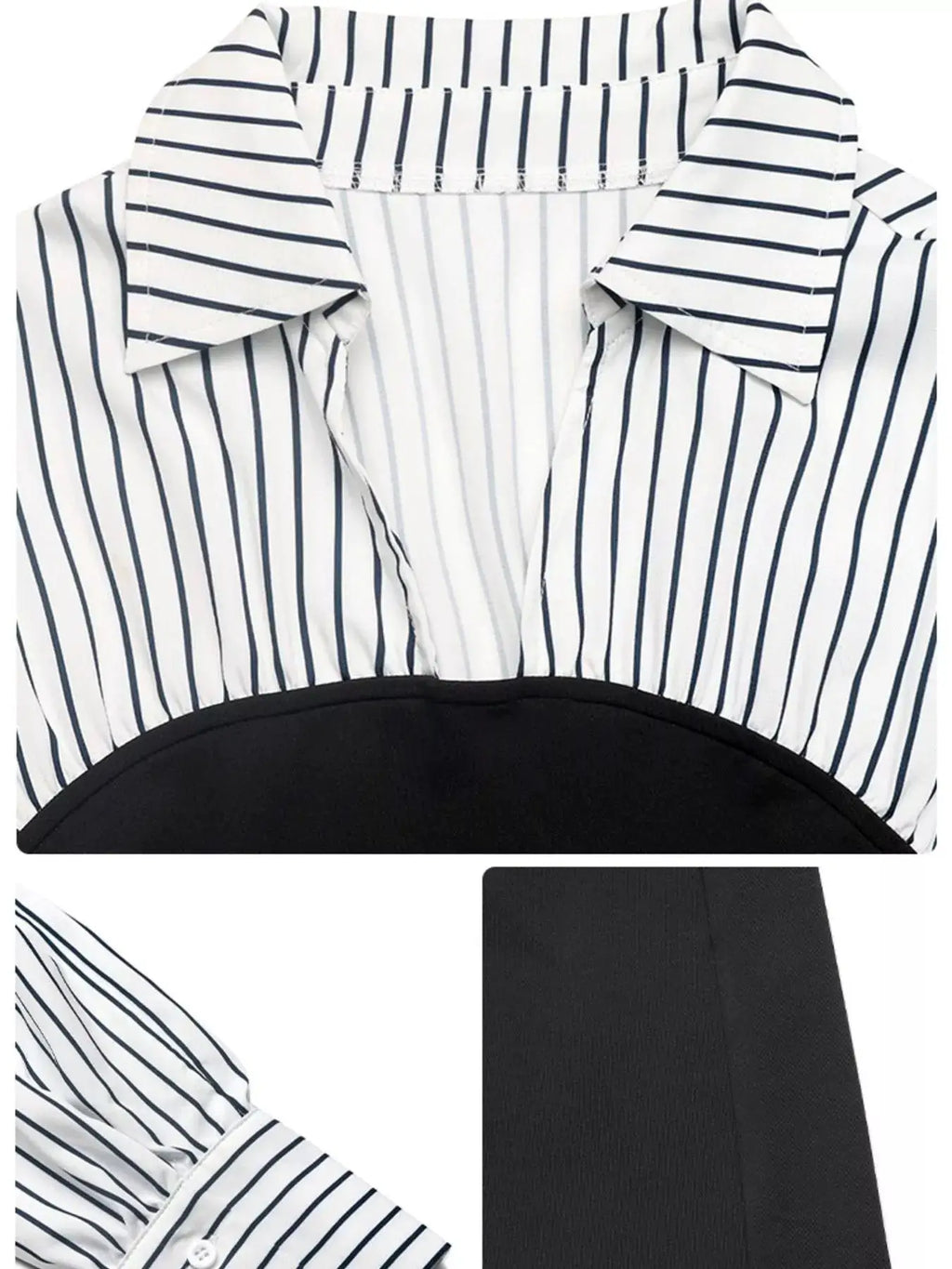 Striped Shirt Panel Bodycon Mini Dress by Belle Bijouix, white with navy stripes and black waist panel.