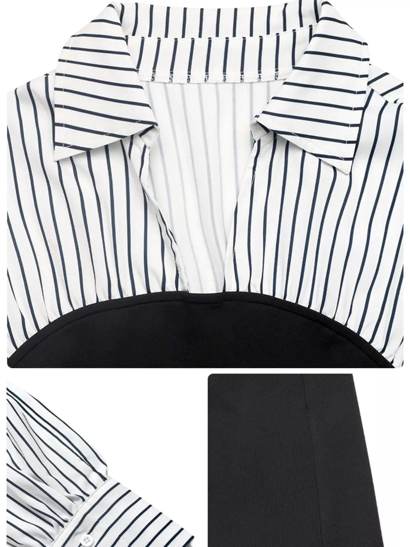 Striped Shirt Panel Bodycon Mini Dress by Belle Bijouix, white with navy stripes and black waist panel.