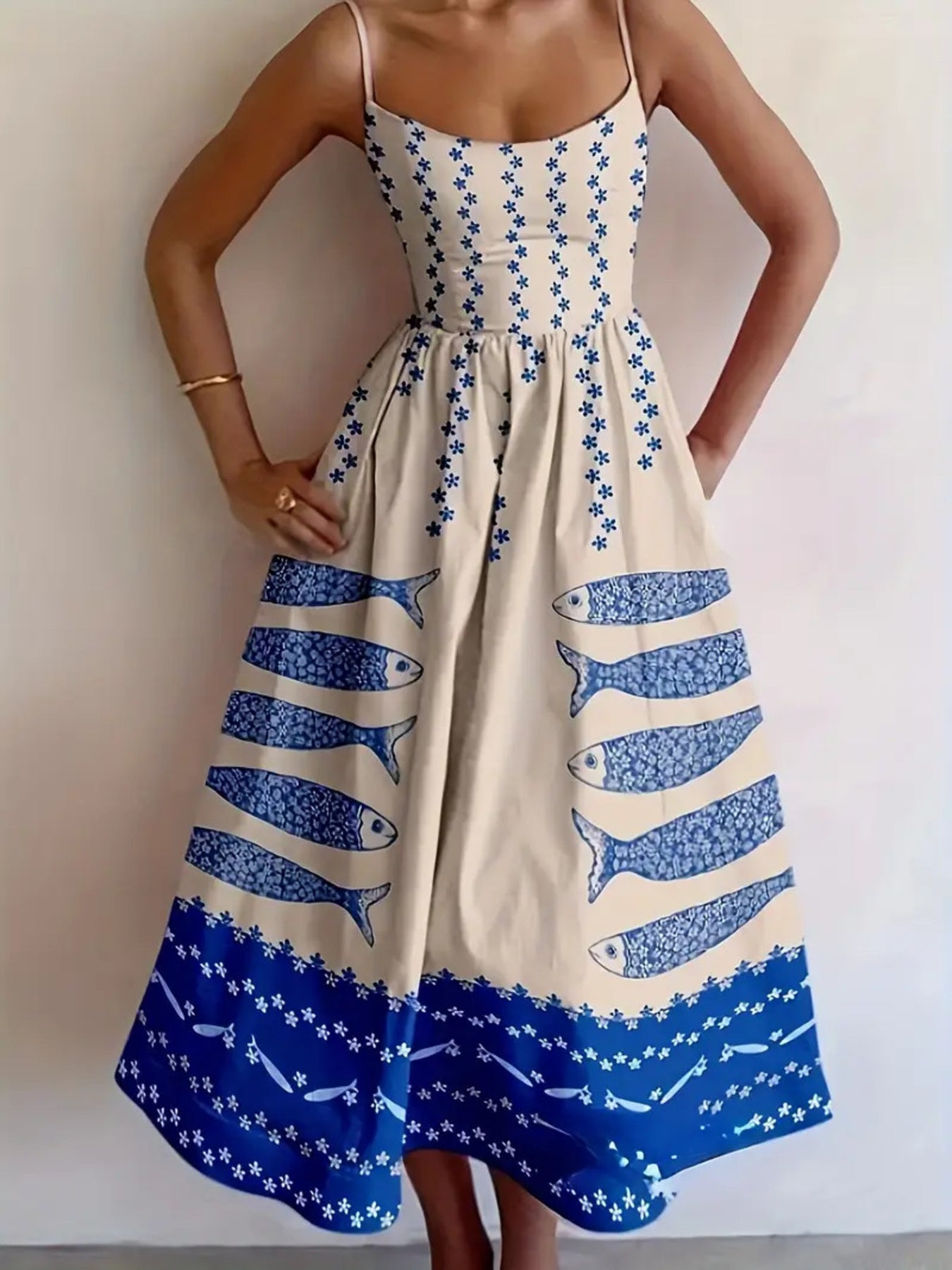 Sardine Print Spaghetti Strap Midi Dress in cream with blue fish border and floral accents