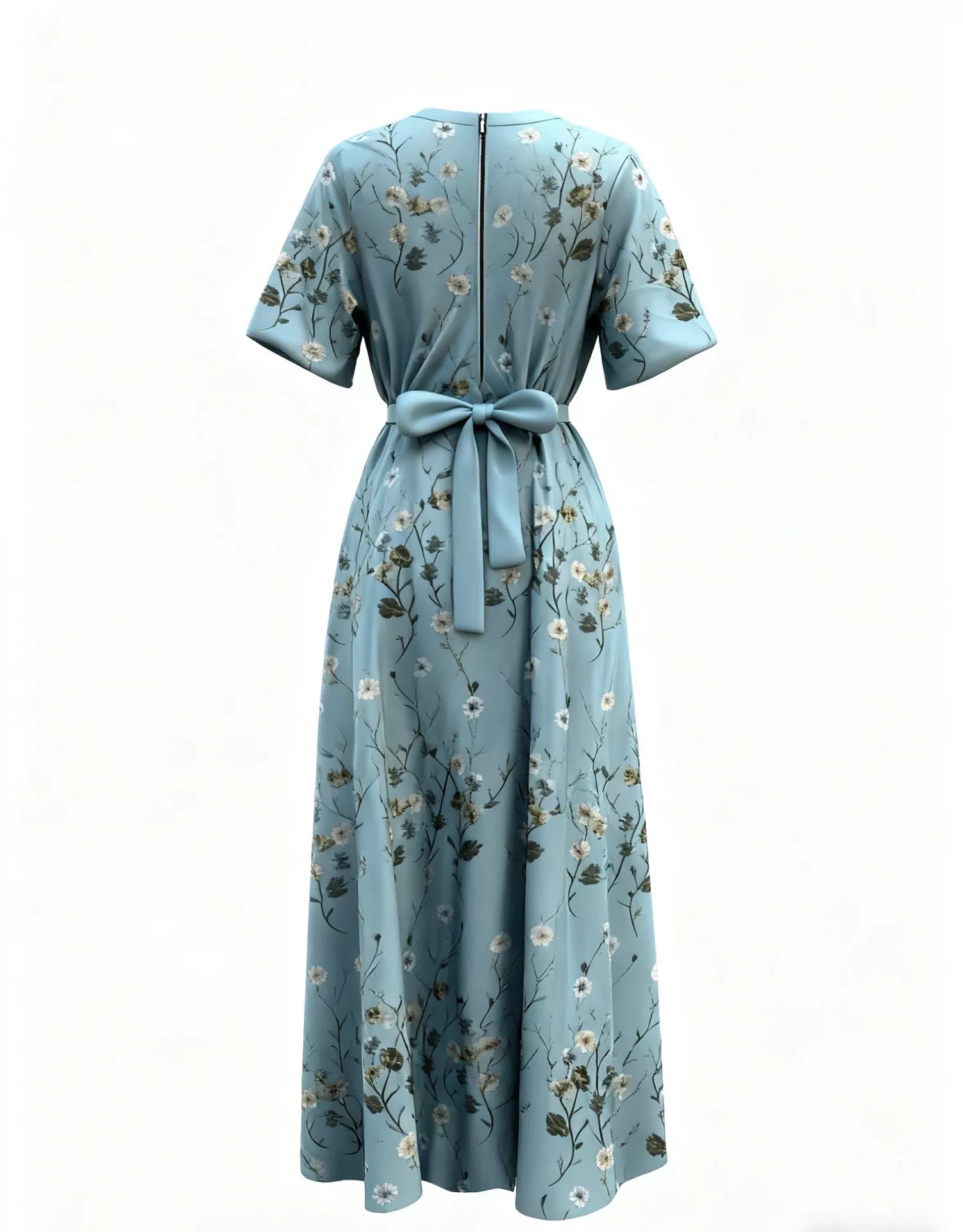 Floral Print Half Sleeve Maxi Dress with Pockets, blue with white flowers and back tie belt.