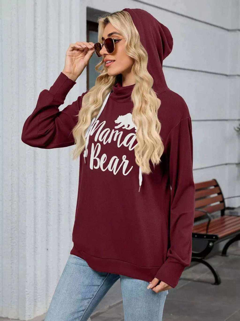 Letter Drawstring Long Sleeve Hoodie in maroon with white Mama Bear graphic