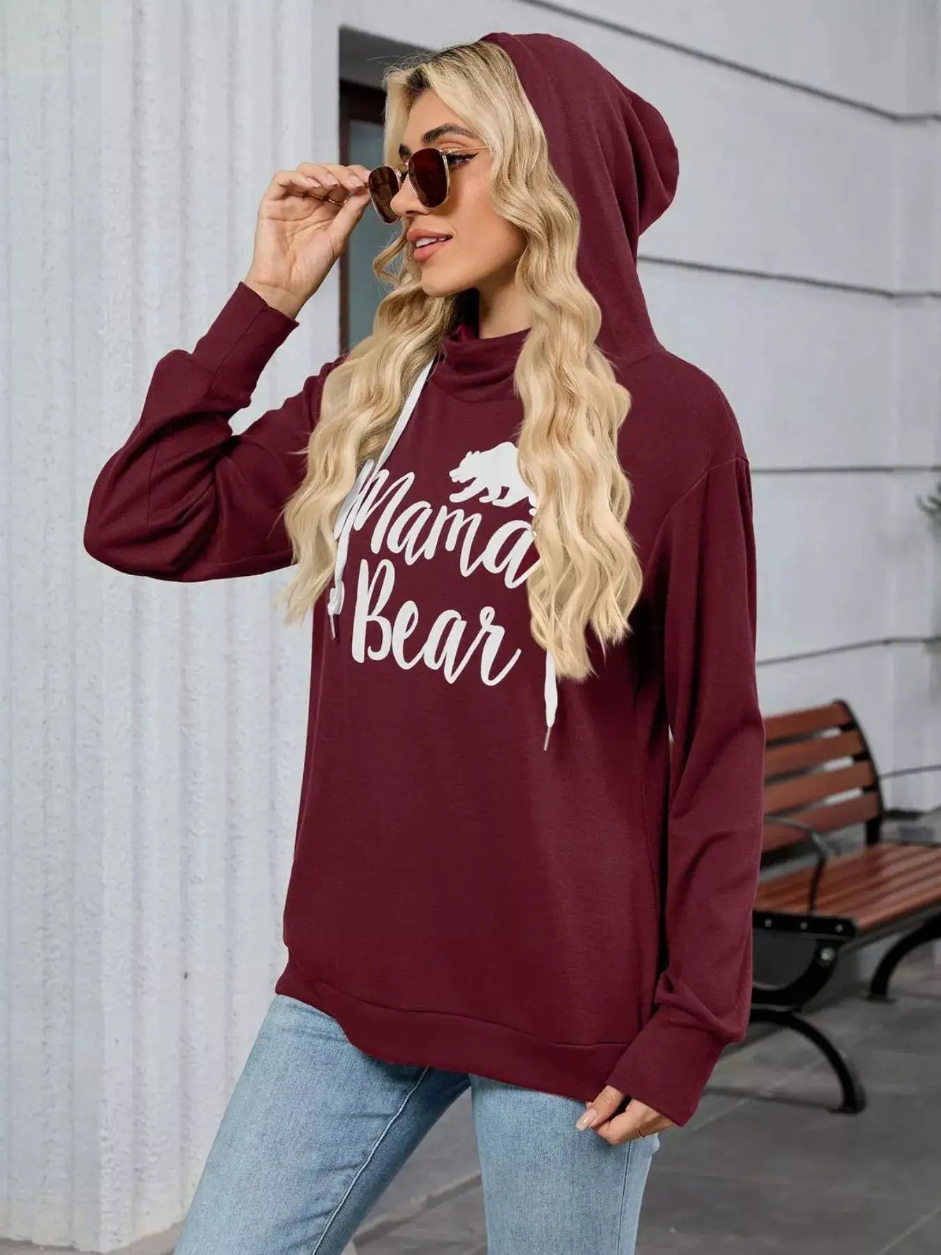 Letter Drawstring Long Sleeve Hoodie in maroon with white Mama Bear graphic