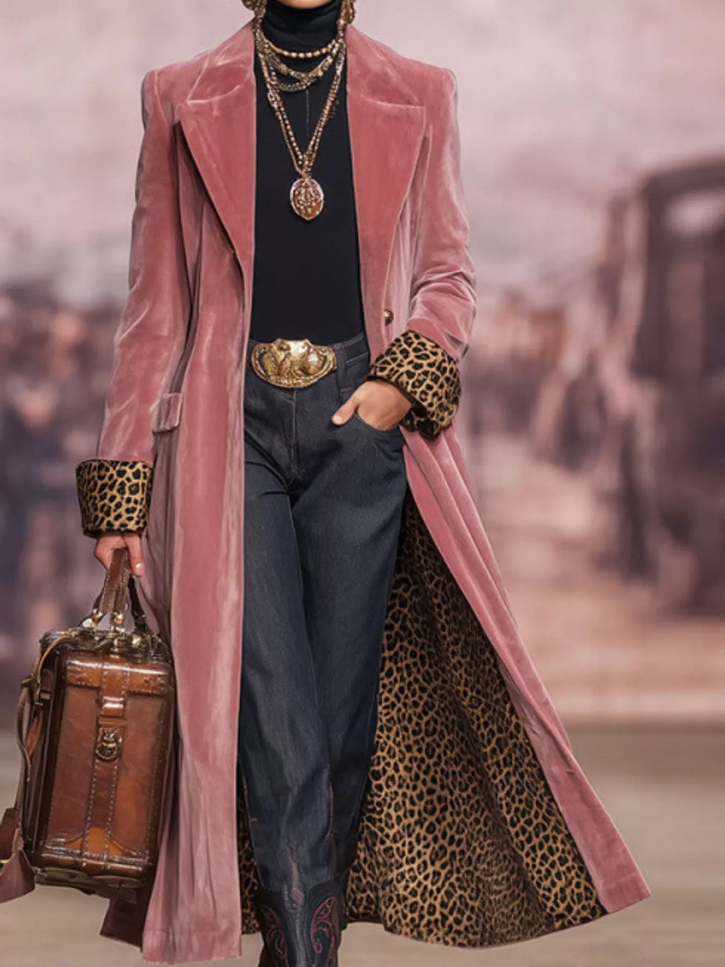 Leopard-Lined Longline Coat in Pink Velvet by Belle Bijouix – view 1 of 13
