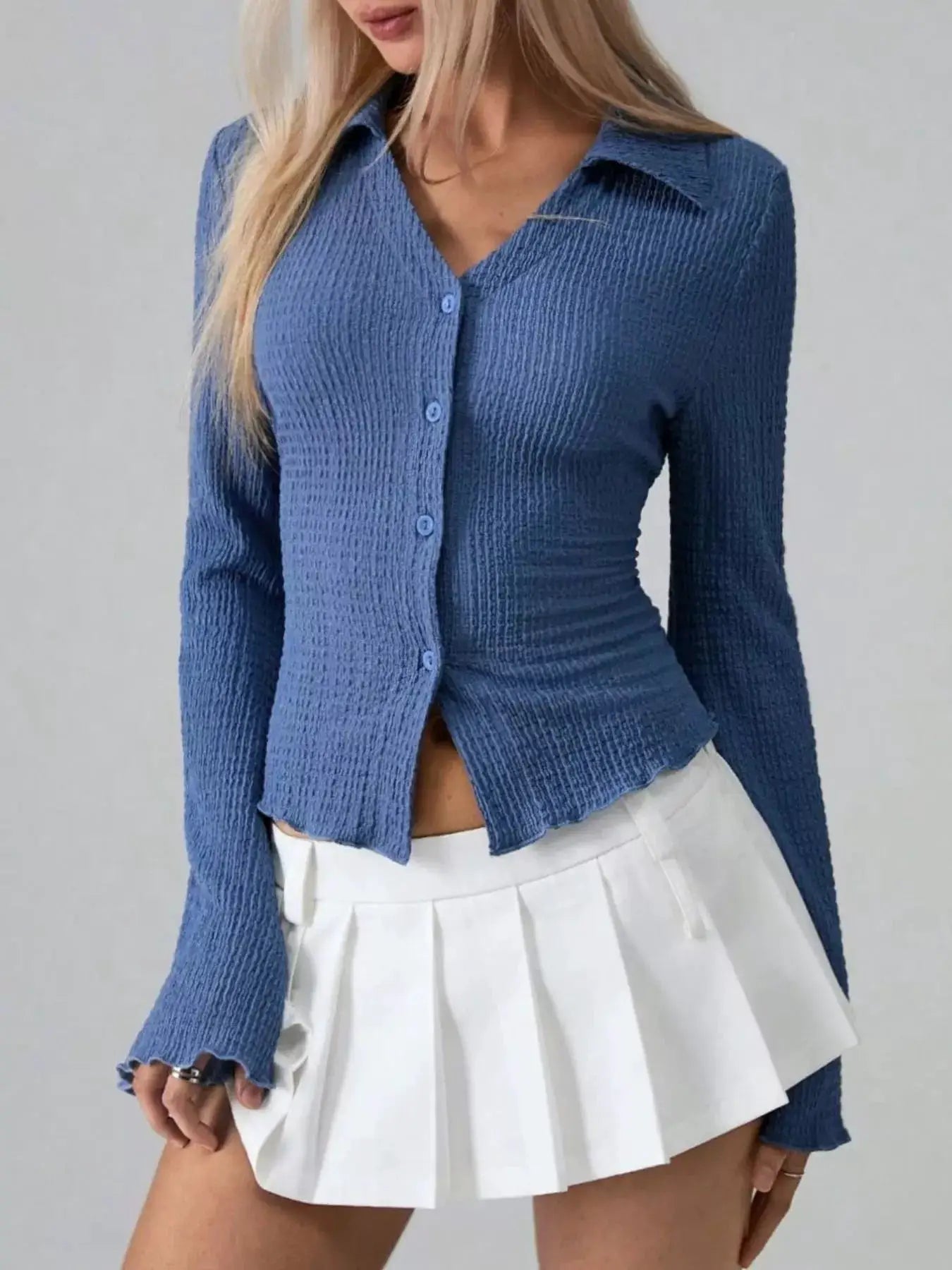 Button Up Flare Sleeve Shirt by Trendsi, blue ribbed knit with ruched detailing; white pleated skirt (2 items)