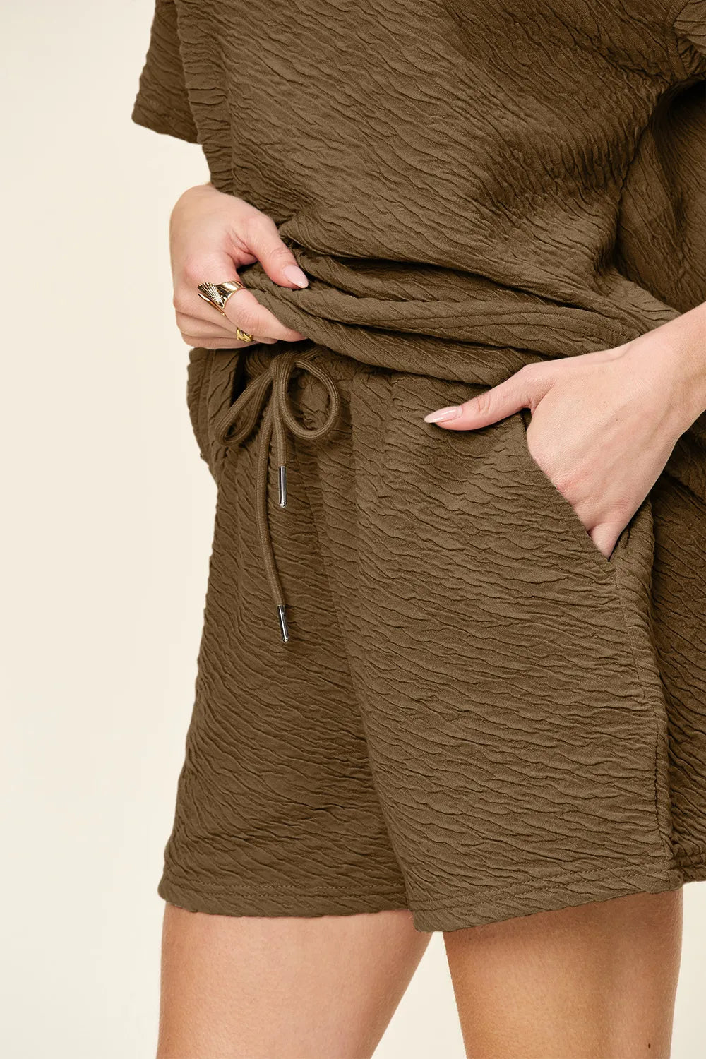 Double Take Texture Short Sleeve T-Shirt and Drawstring Shorts Set, brown textured fabric, two-piece with pockets