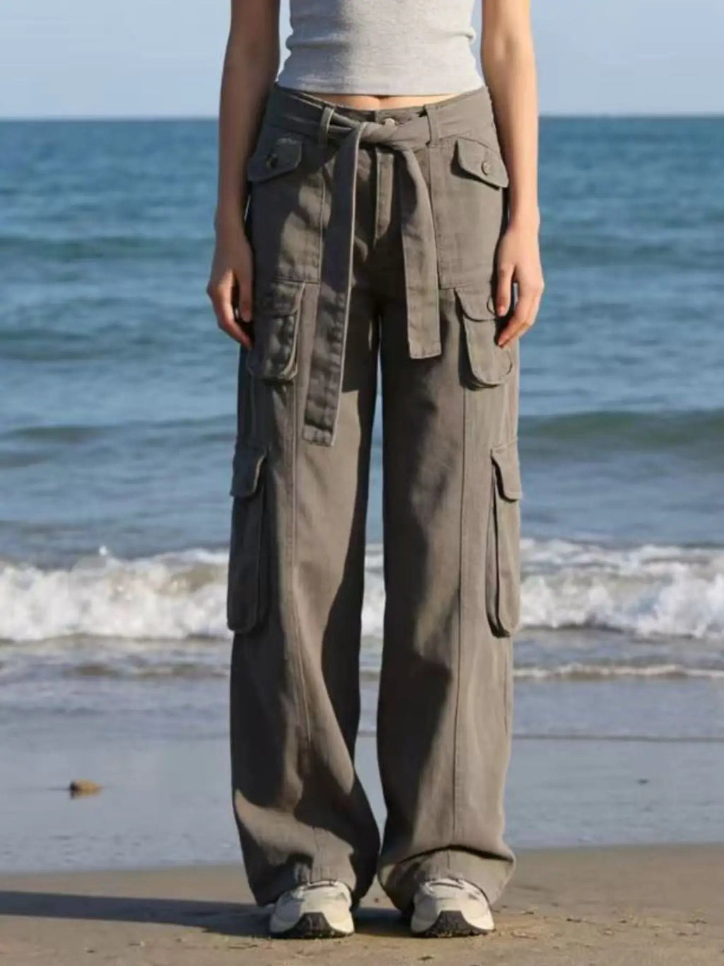 Wide Leg Cargo Jeans by Belle Bijouix in olive-gray with tie-waist and multiple cargo pockets.