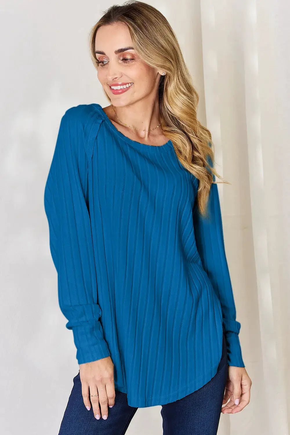 Basic Bae blue ribbed round-neck top with long sleeves