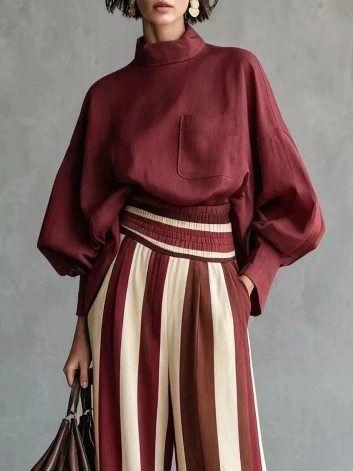 Mock Neck Blouse & Striped Wide-Leg Pants Set in Red by Belle Bijouix – view 2 of 12