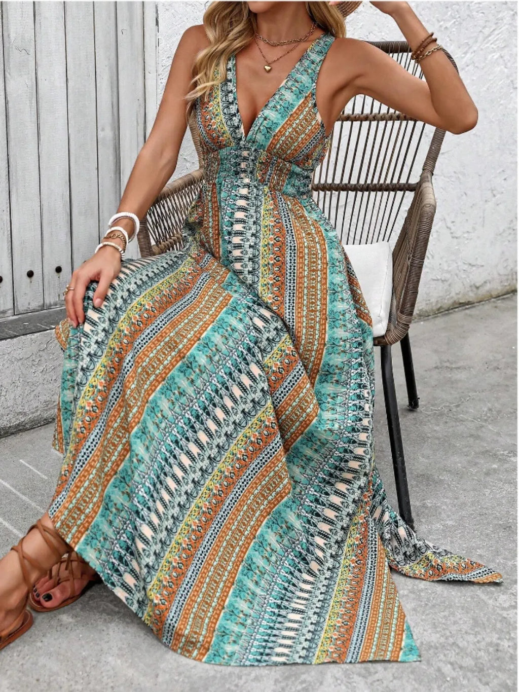 Tied Back Printed Sleeveless Maxi Slit Dress in turquoise, orange and white geometric print