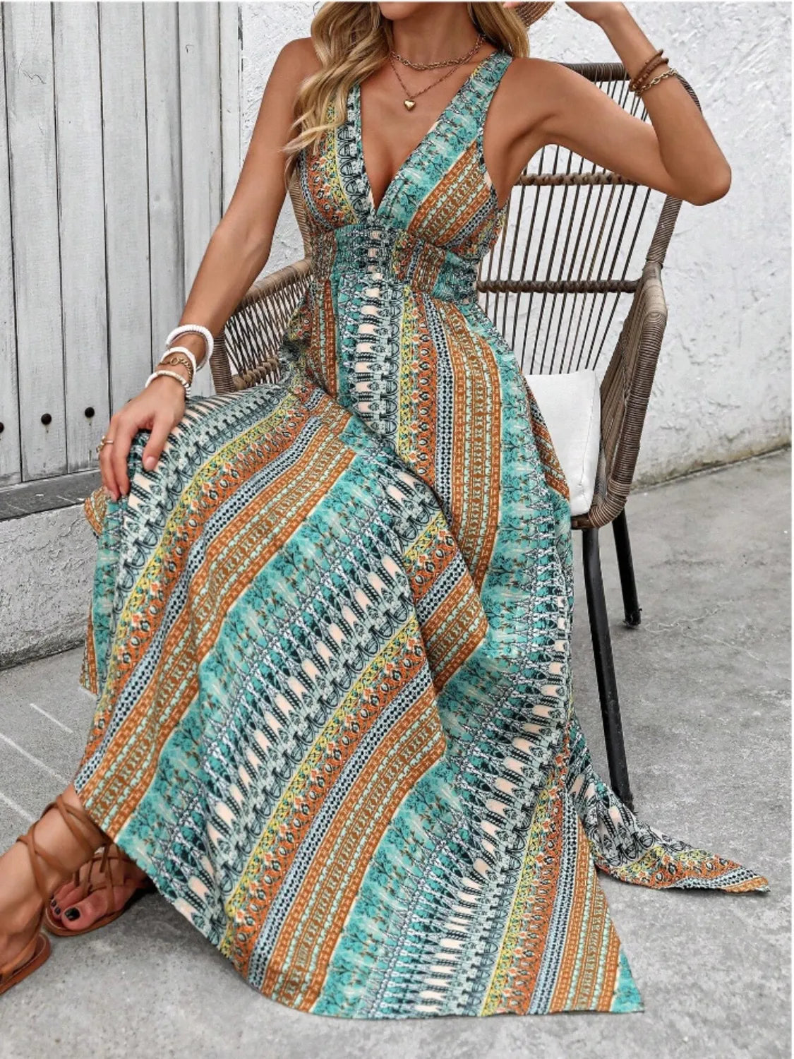 Tied Back Printed Sleeveless Maxi Slit Dress in turquoise, orange and white geometric print