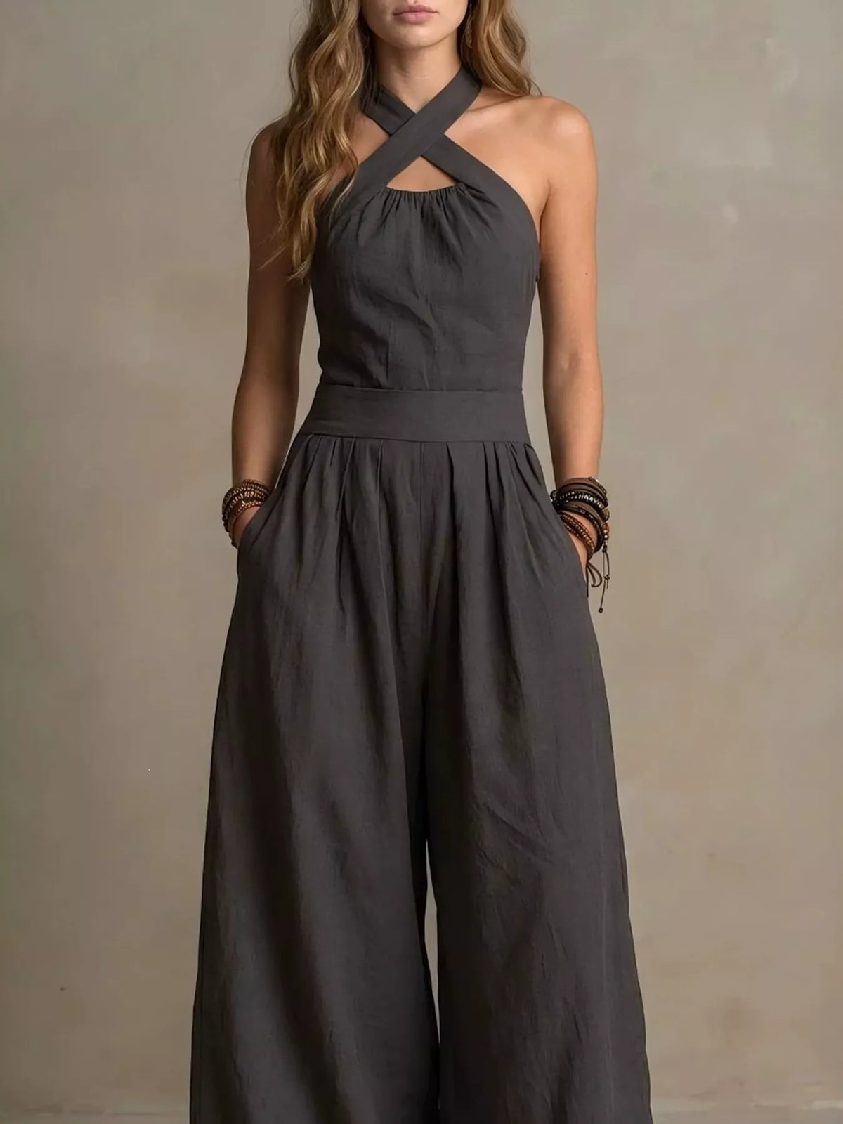 Crisscross Halter Linen Wide-Leg Jumpsuit in Dark Gray by Belle Bijouix – view 10 of 45