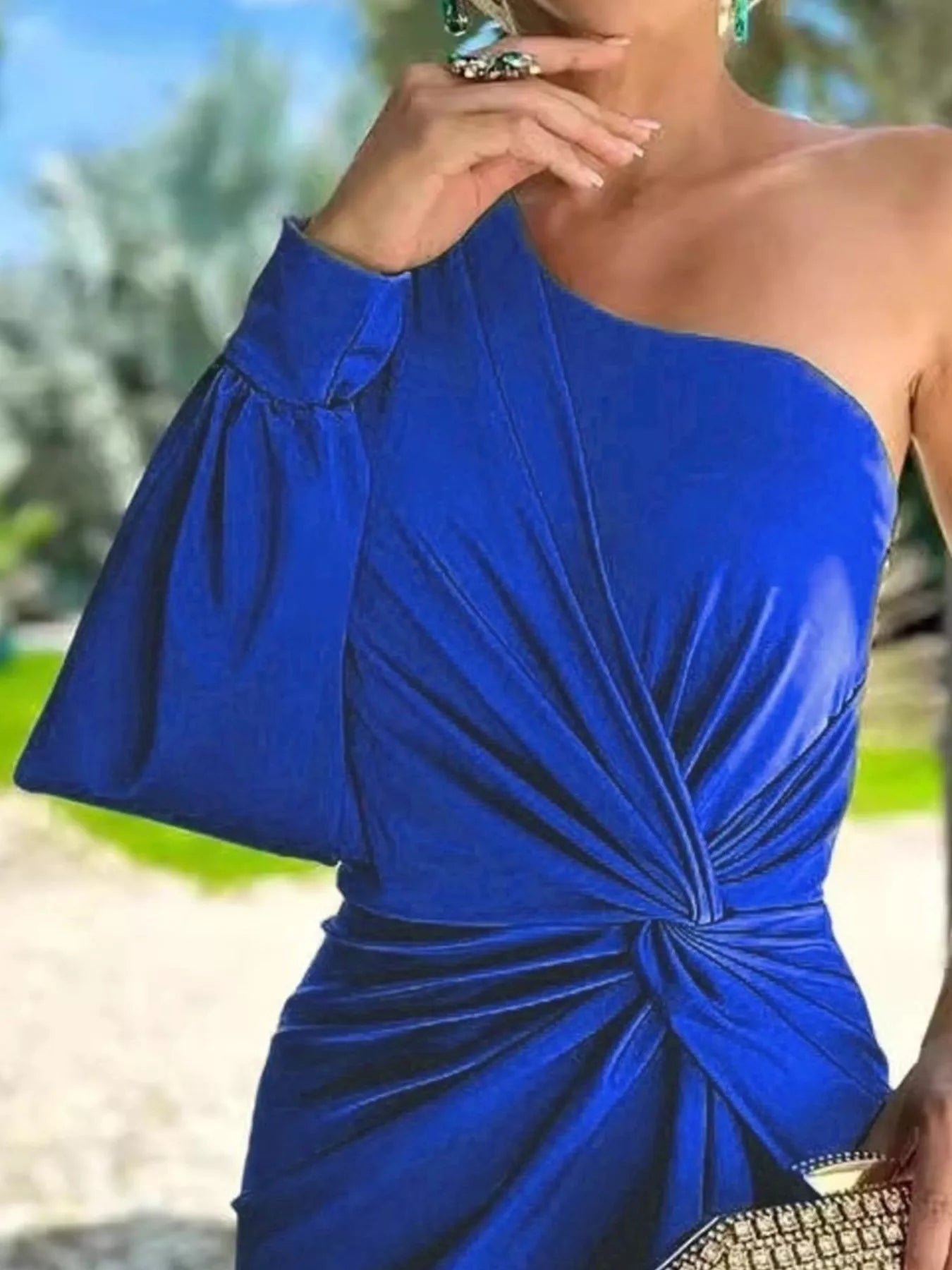Maxi dress, plus-size blue one-shoulder knot-detail with waist twist and slit