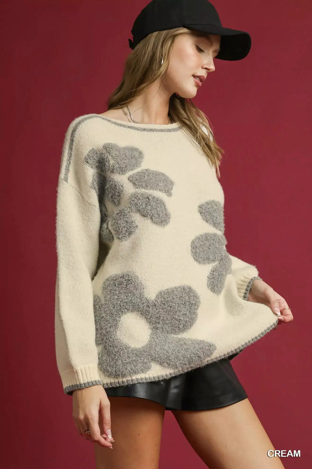Umgee Floral Jacquard Knit Sweater in cream with gray floral pattern