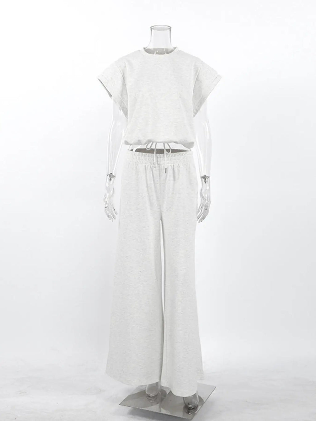 Round-neck top and wide-leg pants outfit set by Belle Bijouix in light gray with a drawstring waist