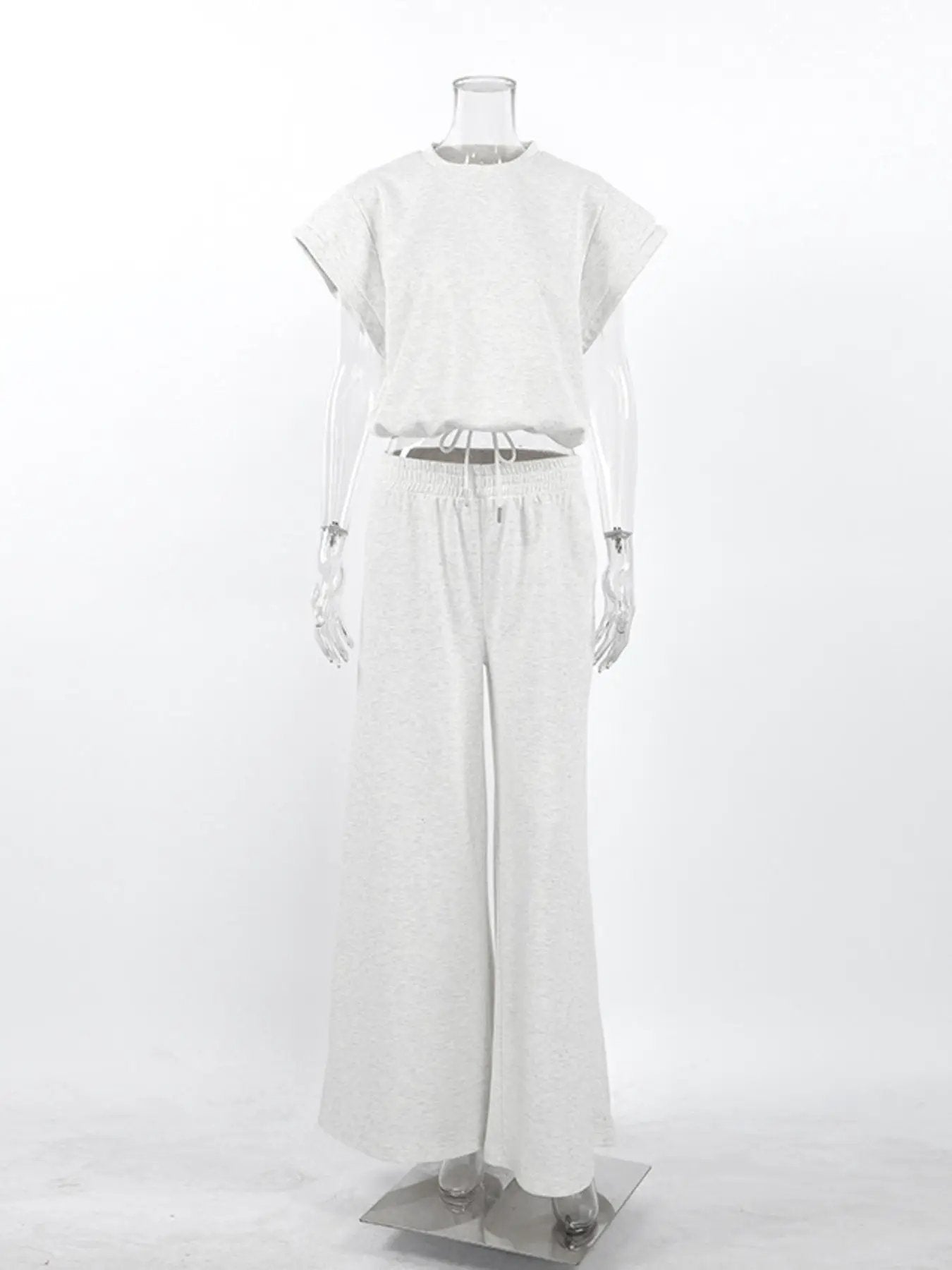 Round-neck top and wide-leg pants outfit set by Belle Bijouix in light gray with a drawstring waist