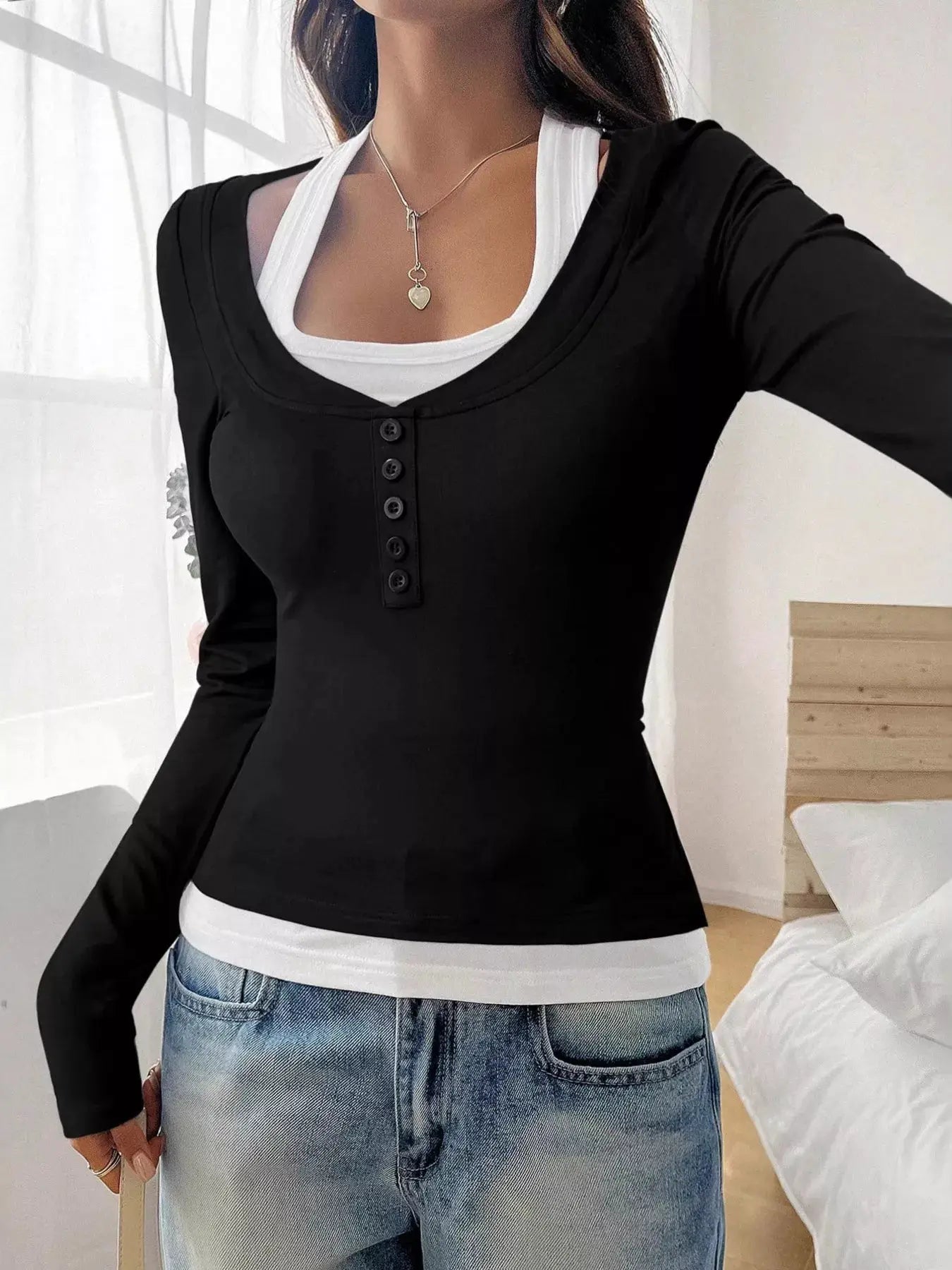 Scoop Neck Long Sleeve T-Shirt by Belle Bijouix, black with button-front placket