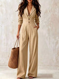 Lapel Collar Button Front Wide-Leg Jumpsuit