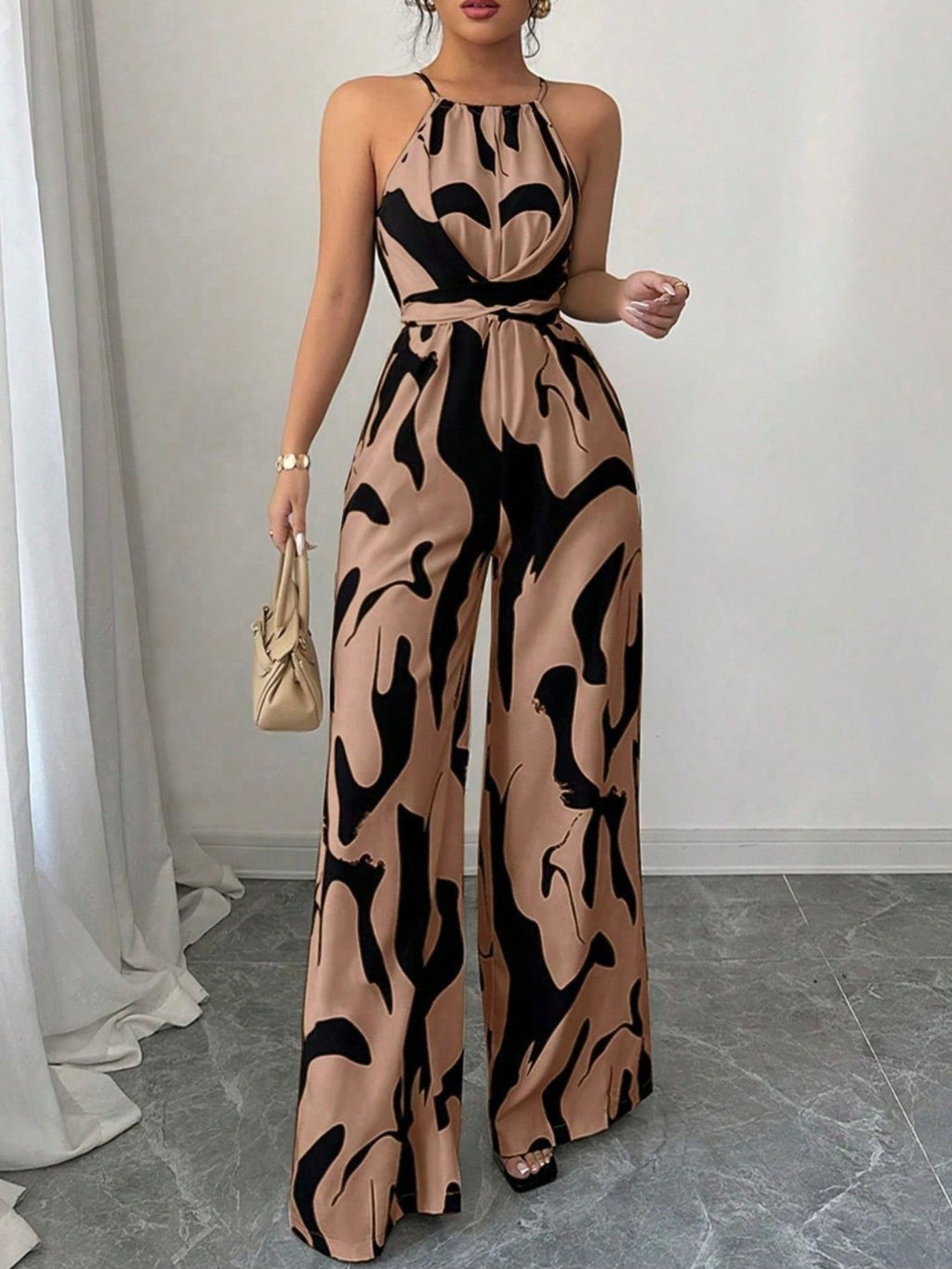 Bellebijouix Abstract Print Sleeveless Wide-Leg Jumpsuit in tan and black