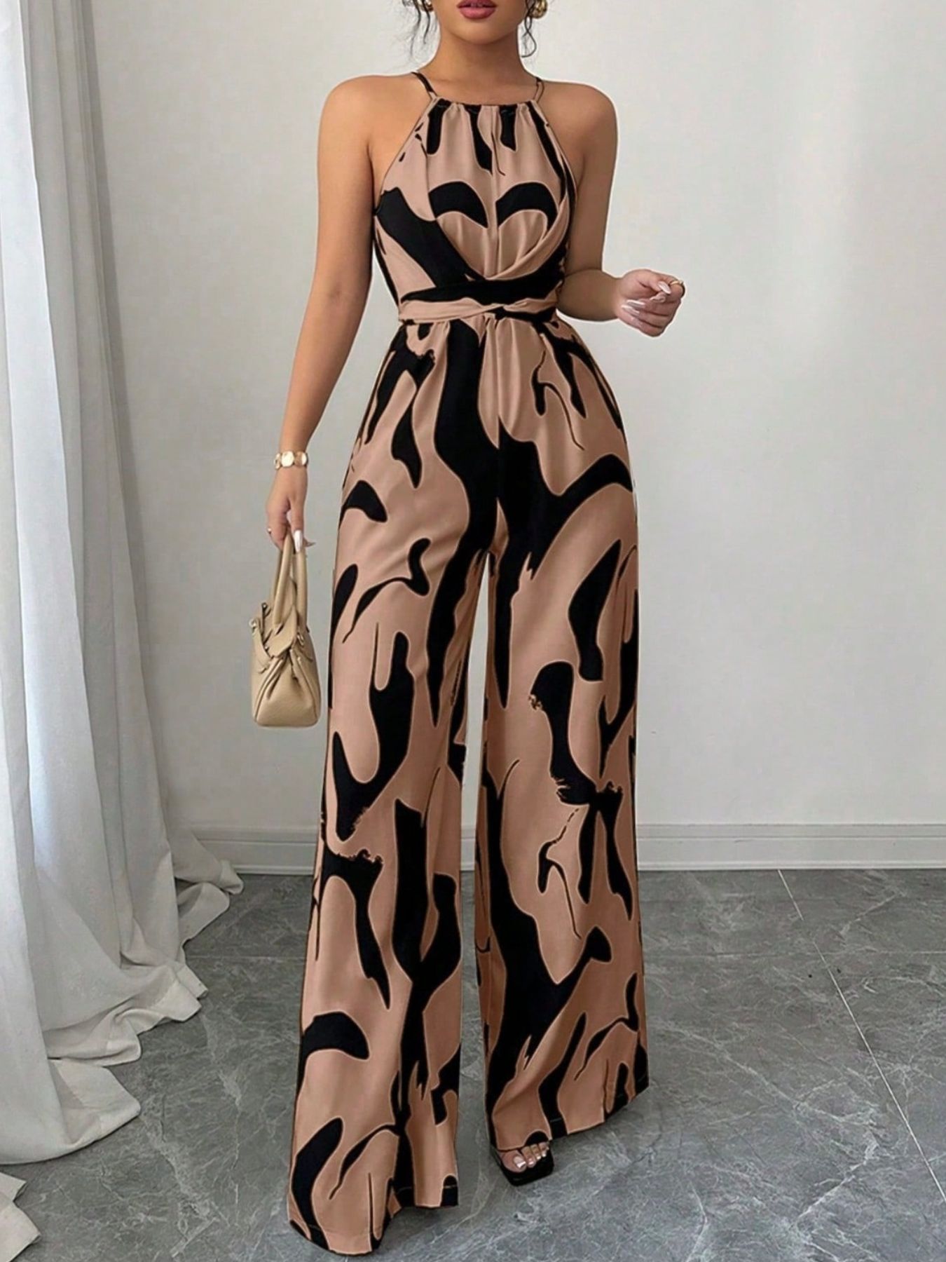 Bellebijouix Abstract Print Sleeveless Wide-Leg Jumpsuit in tan and black