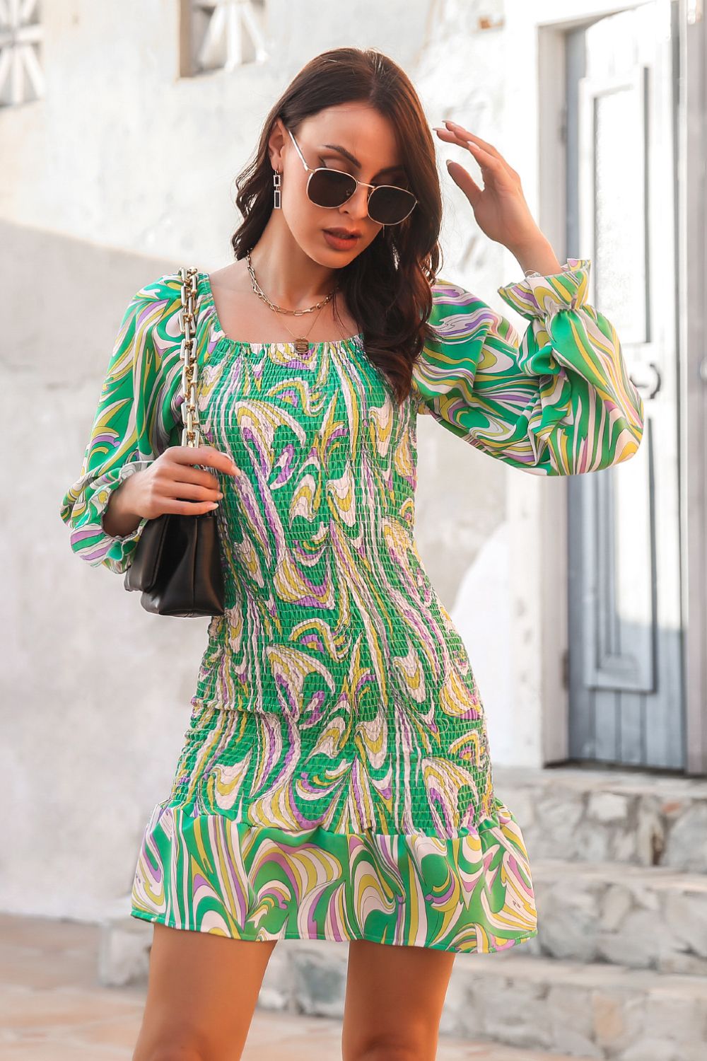 Abstract Print Square Neck Smocked Dress by Belle Bijouix in green multicolor