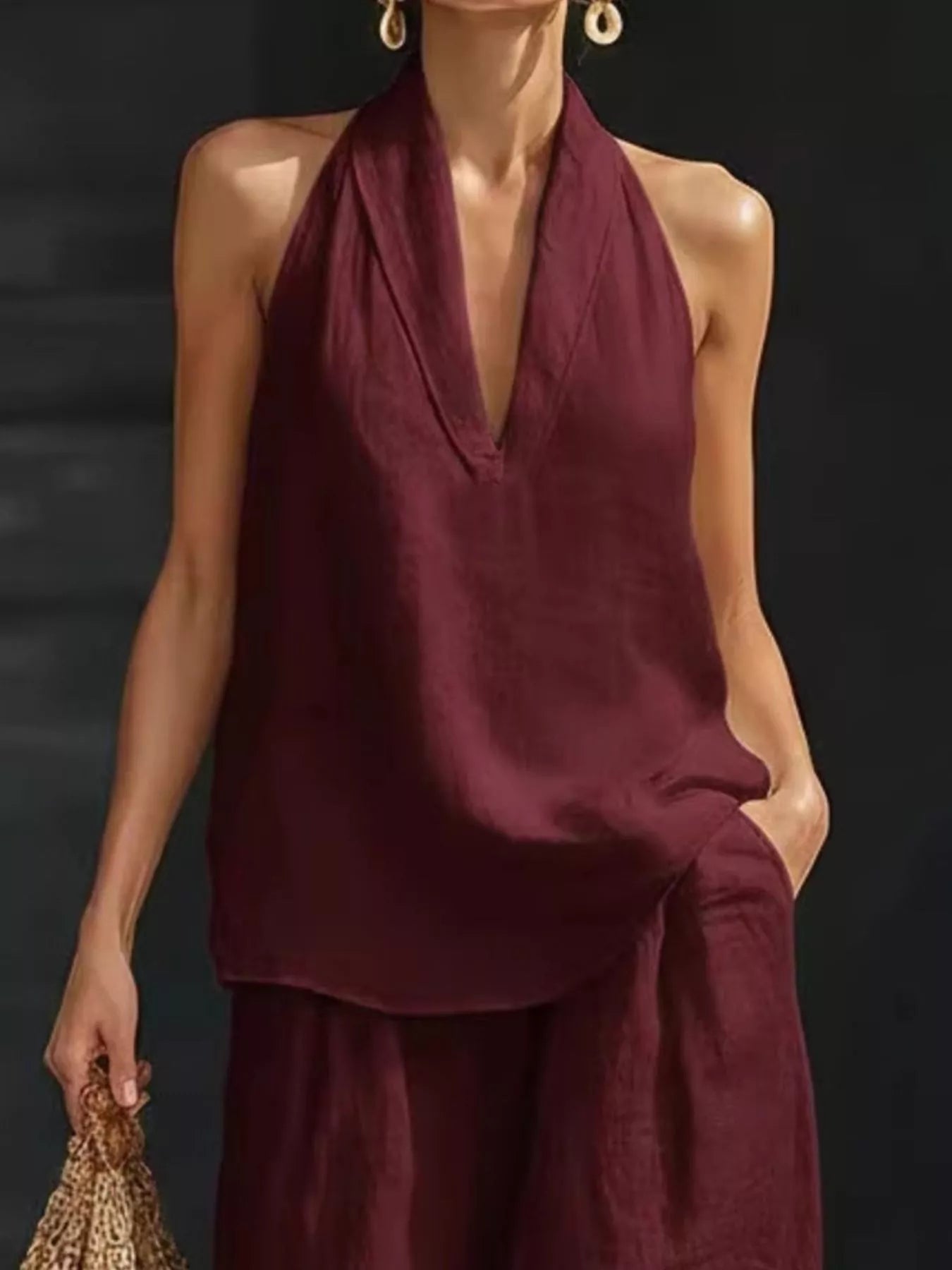Full-Size halter-neck top and wide-leg pants set in burgundy, plus size, Trendsi.