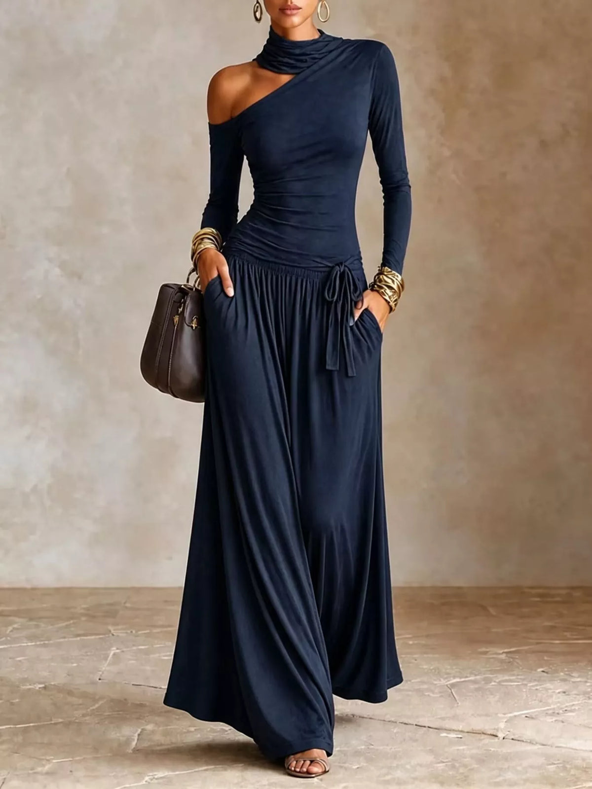 Asymmetric Cutout Long Sleeve Maxi Dress in Navy by Belle Bijouix – view 8 of 11