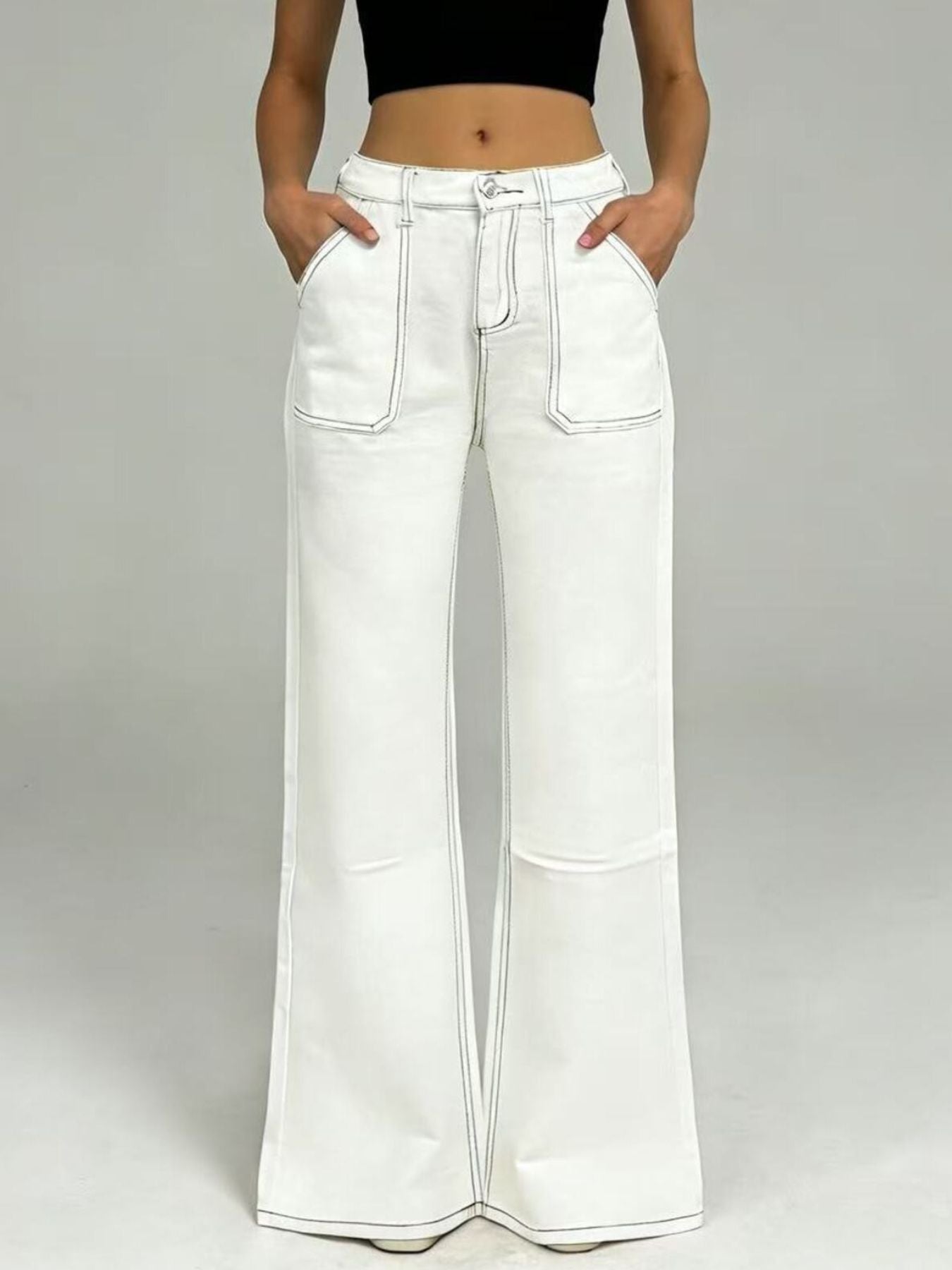 Wide-Leg Jeans by Belle Bijouix in white with dark contrast stitching and front patch pockets.