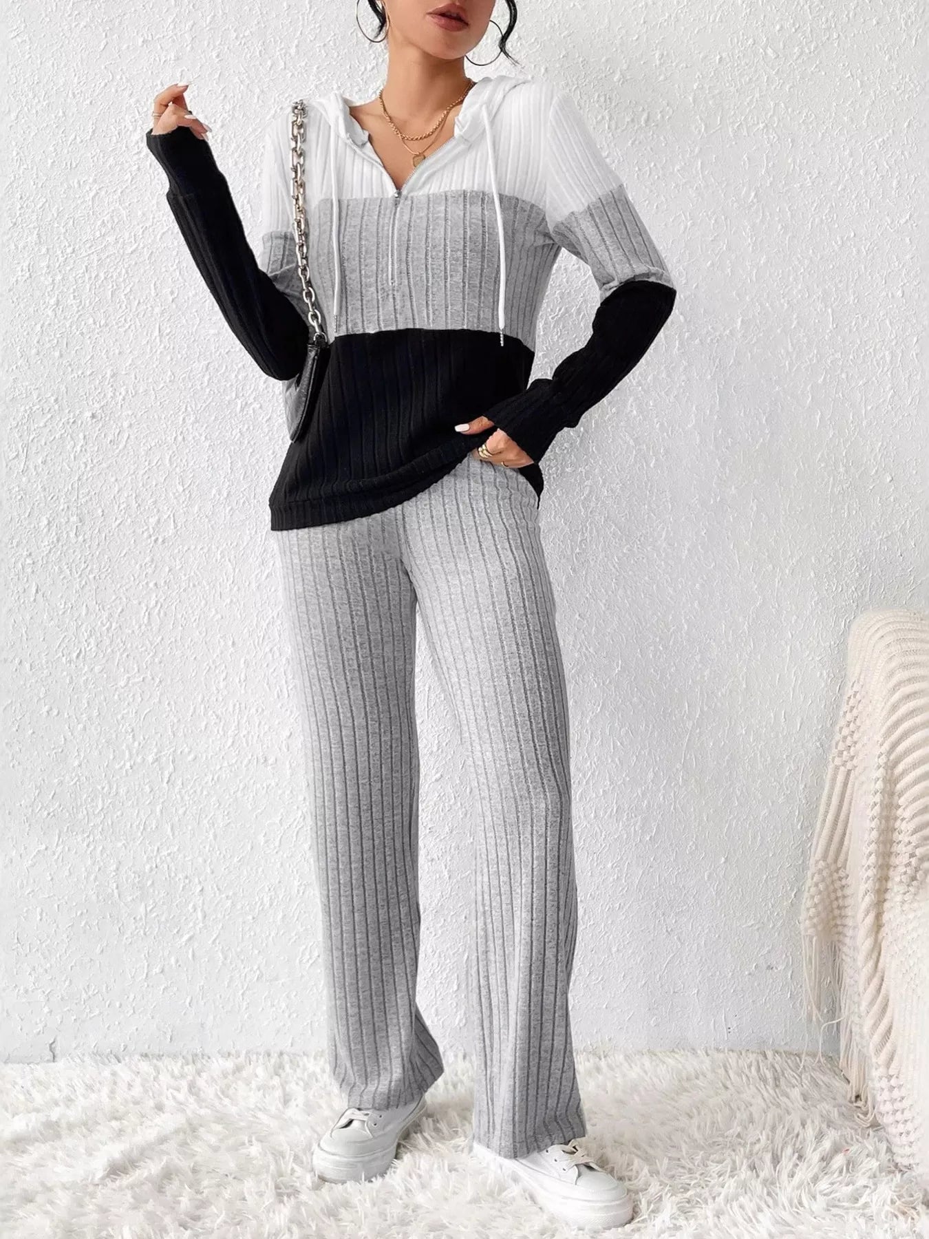 Color Block Knit Half Zip Hooded Top and Pants Set in white-gray-black ribbed knit loungewear