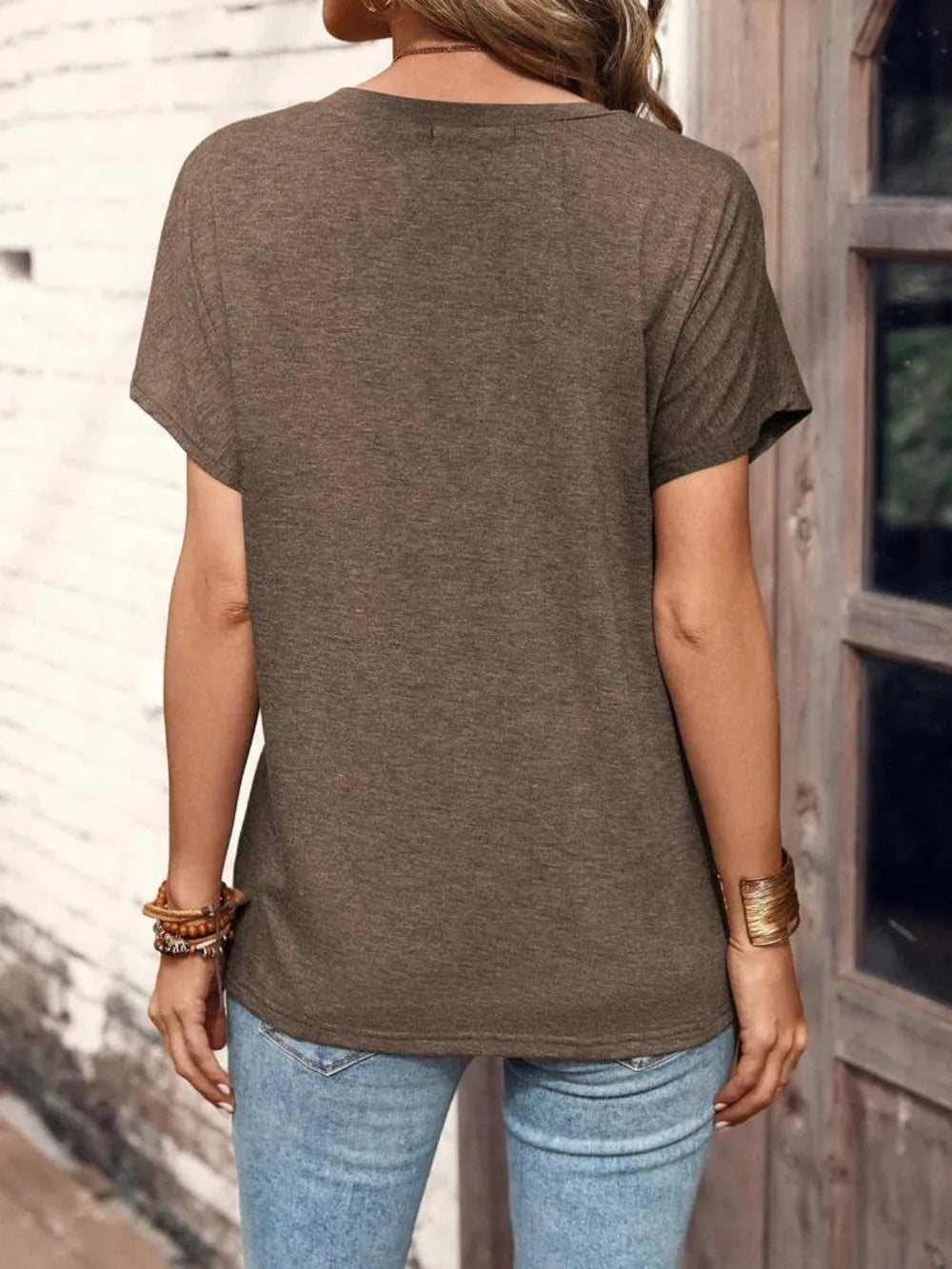 Half Button Short Sleeve Top by Belle Bijouix in olive heather; relaxed fit with curved hem