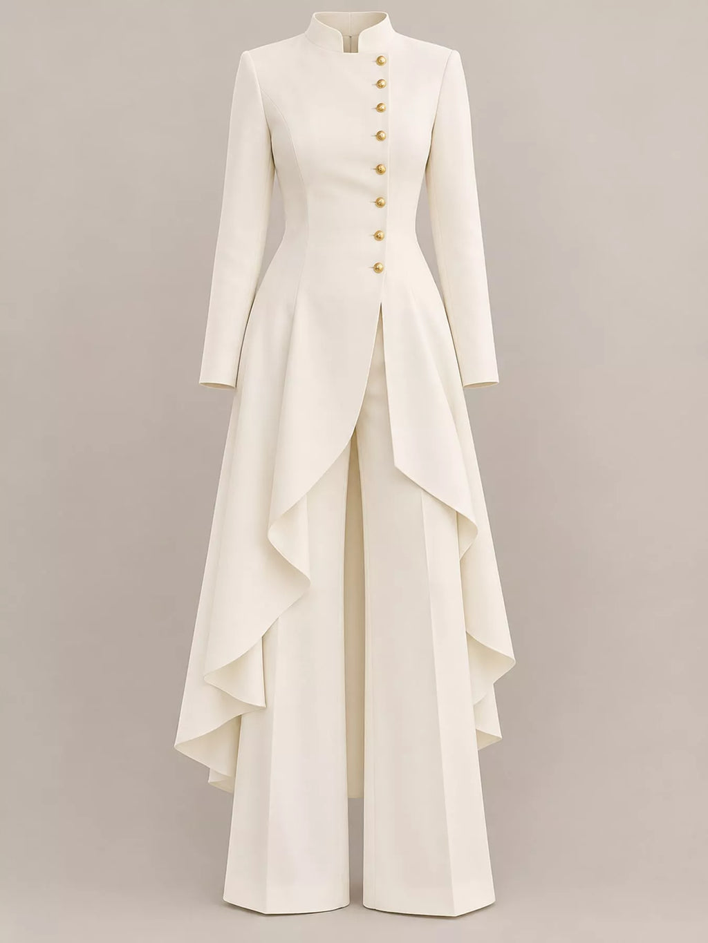 Ruffled High-Low Button Tunic & Wide-Leg Pants Set in Milky White by Belle Bijouix – view 24 of 82