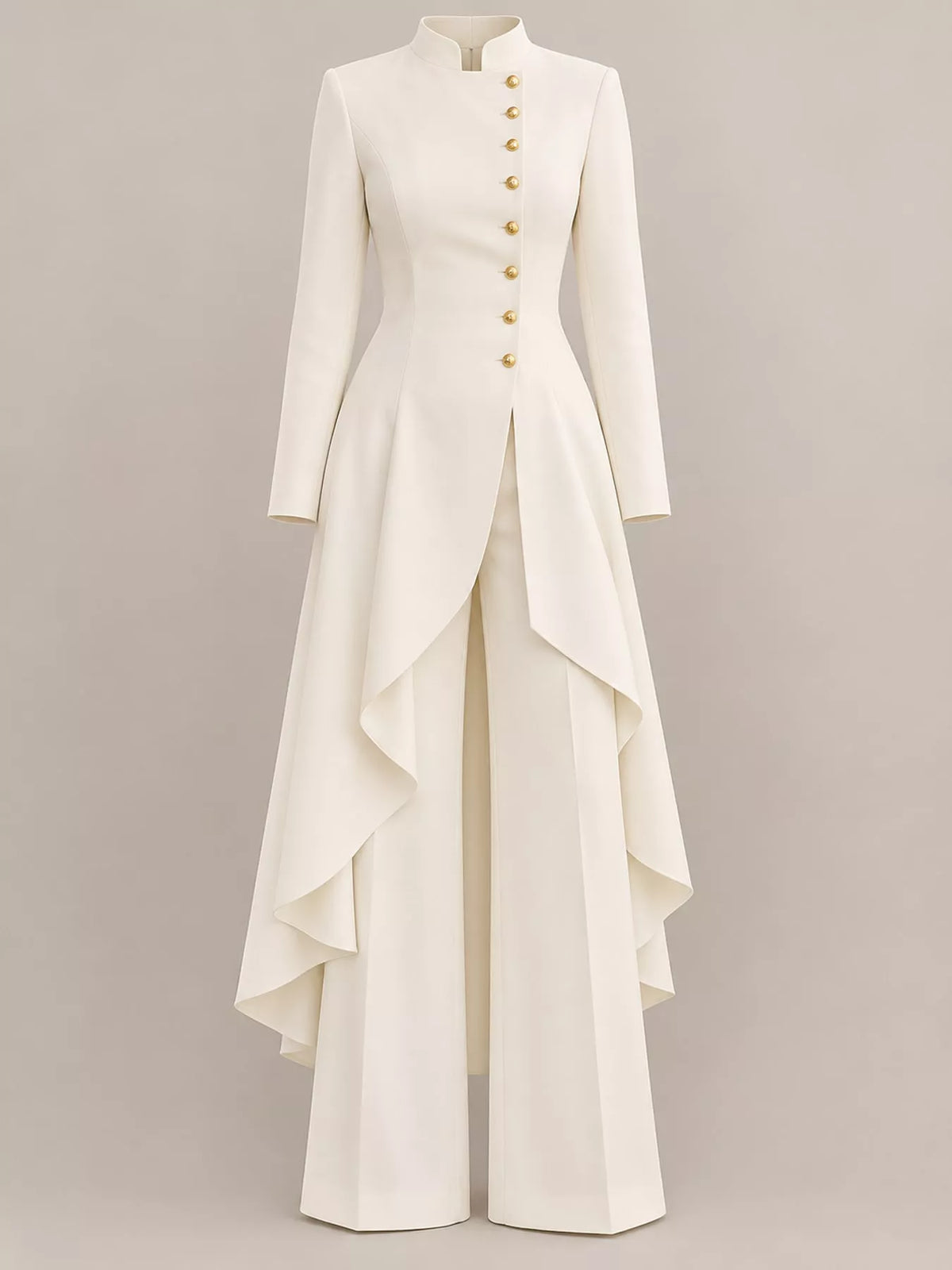 Ruffled High-Low Button Tunic & Wide-Leg Pants Set in Milky White by Belle Bijouix – view 24 of 82