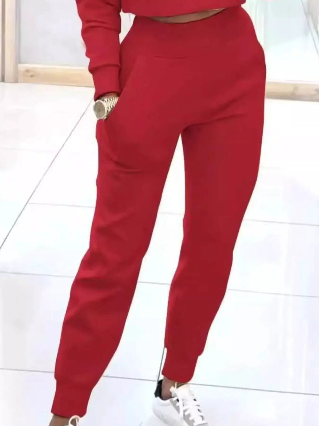 Casual Chic Cropped Sweatshirt and Jogger Set in red, two-piece Belle Bijouix active loungewear with pockets