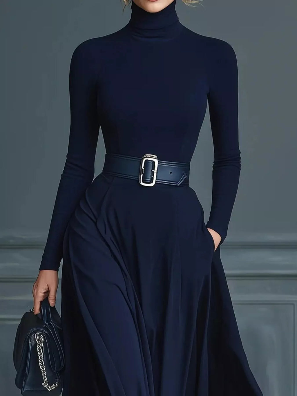 Turtleneck Long Sleeve Maxi Dress, Belle Bijouix, navy with belt and pockets
