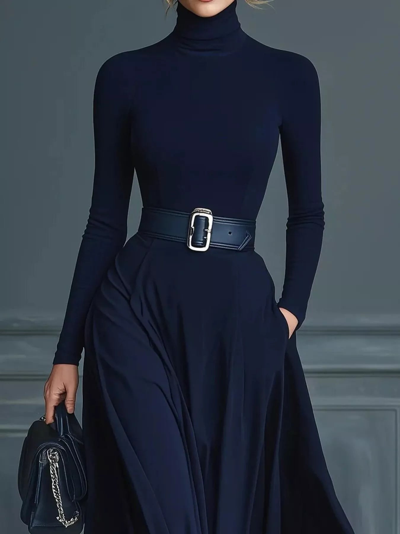 Turtleneck Long Sleeve Maxi Dress, Belle Bijouix, navy with belt and pockets
