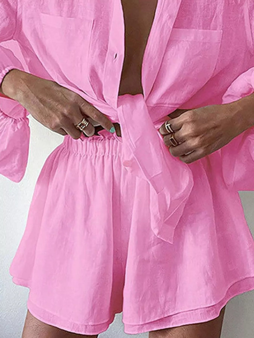 Trendsi pink button-up long-sleeve shirt and shorts set with front knot

