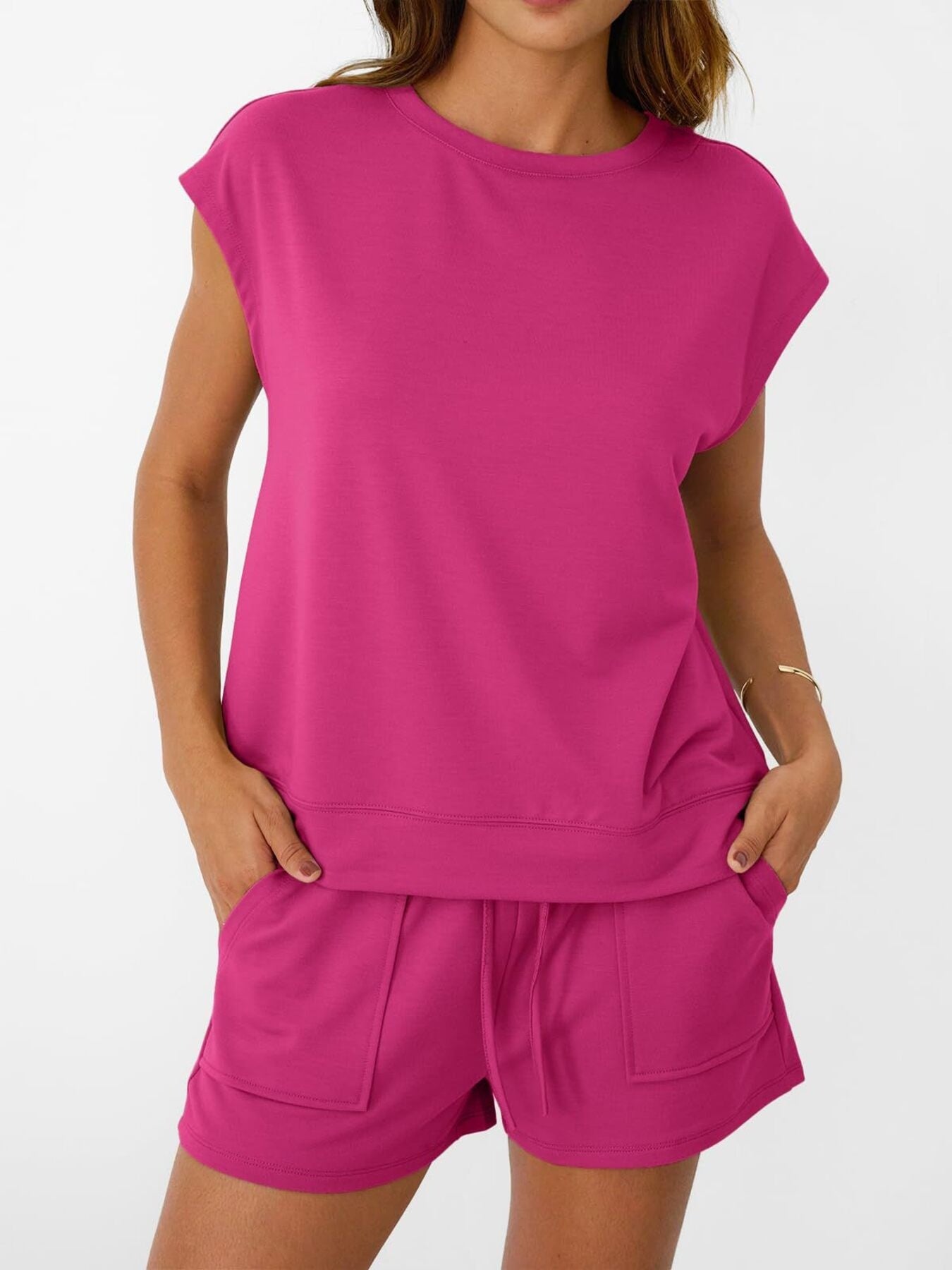 2-piece round-neck cap-sleeve top and shorts set in magenta by Trendsi