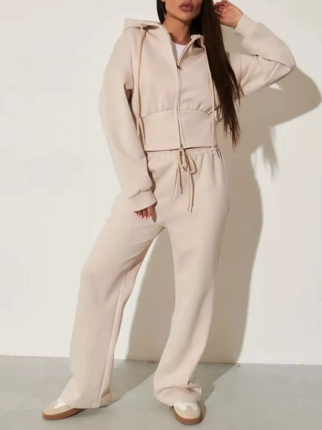 Zip-Up Hoodie & Wide-Leg Pants Set, beige two-piece loungewear with zip front and drawstring waist