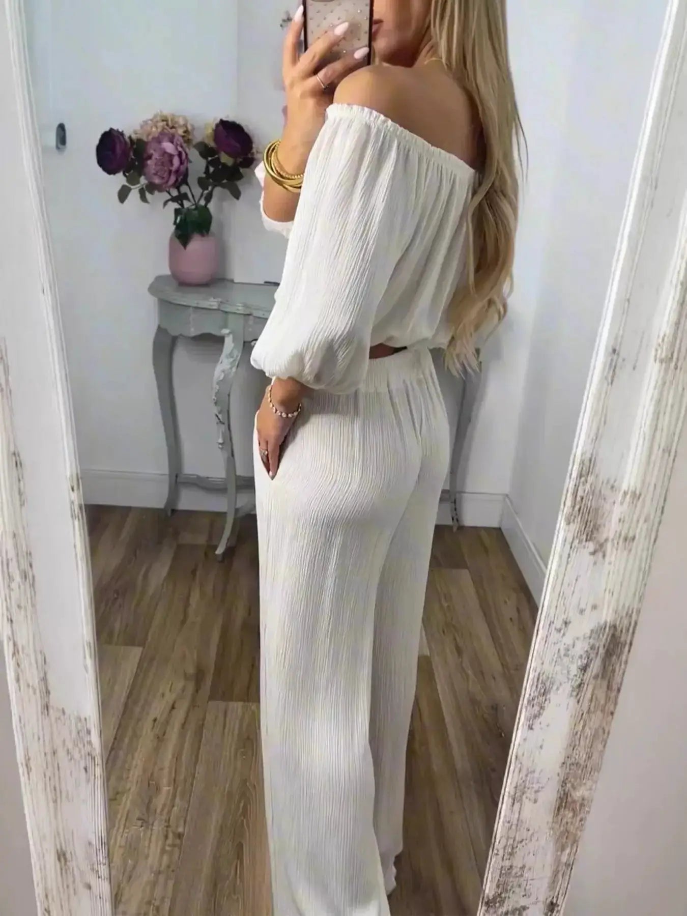 Full-Size Off-Shoulder Top and Pants Set by Belle Bijouix, white textured sleepwear/loungewear