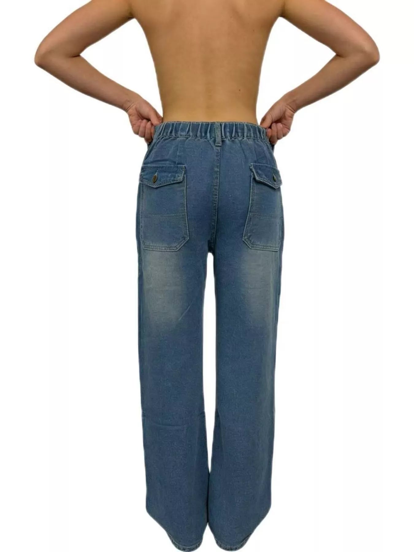 Wide-leg denim jeans with elastic waistband, back flap pockets, contrast stitching in blue.