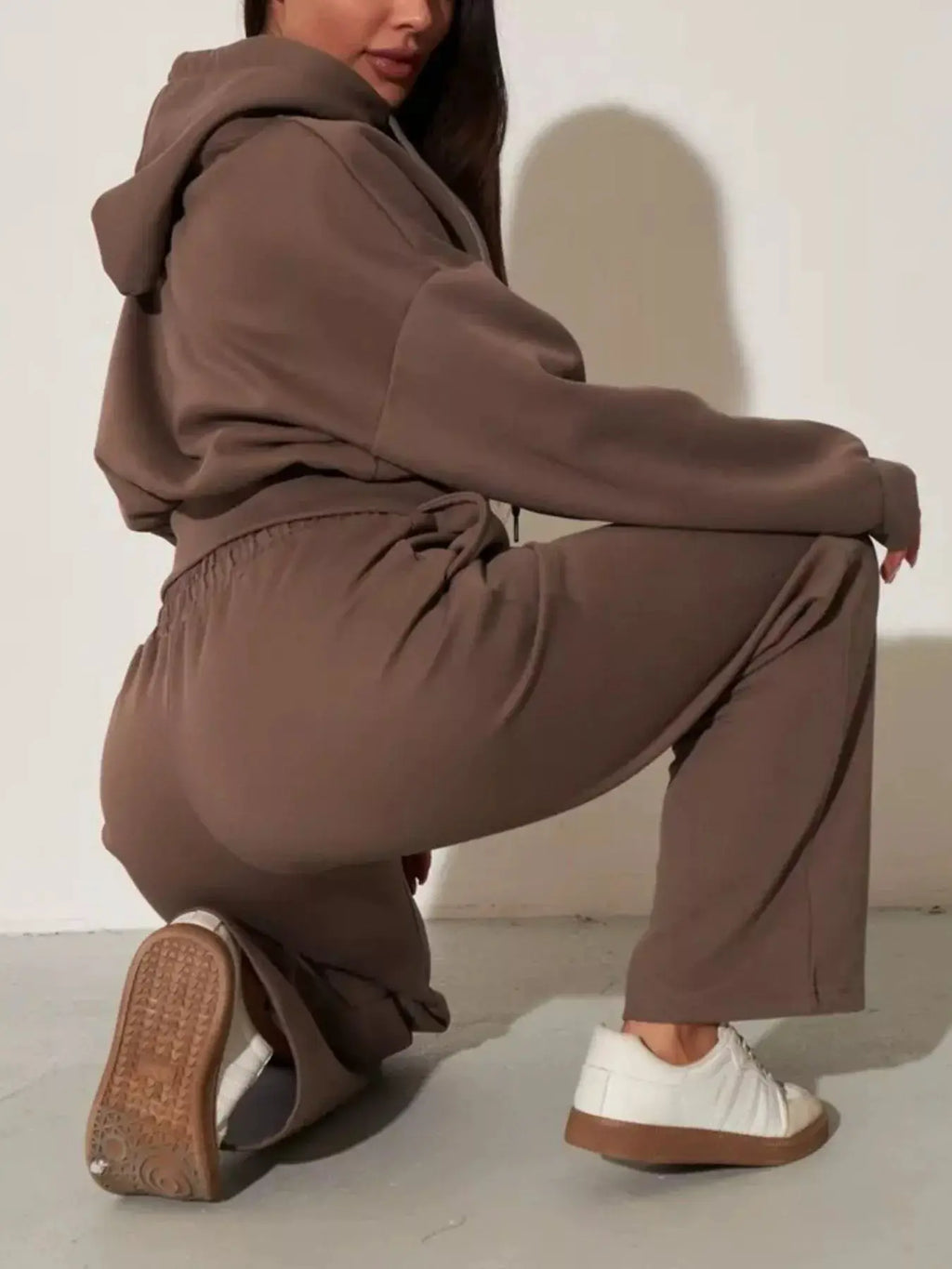 Zip-Up Hoodie & Wide-Leg Pants Set in taupe for women; two-piece loungewear.