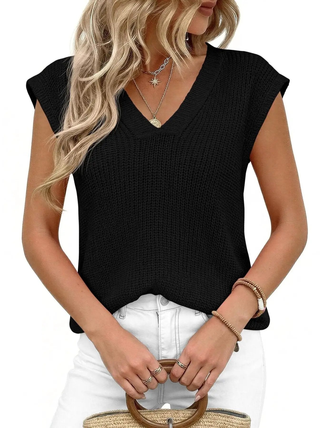 V-Neck Sweater Vest, black knit, Trendsi brand worn by model with white jeans